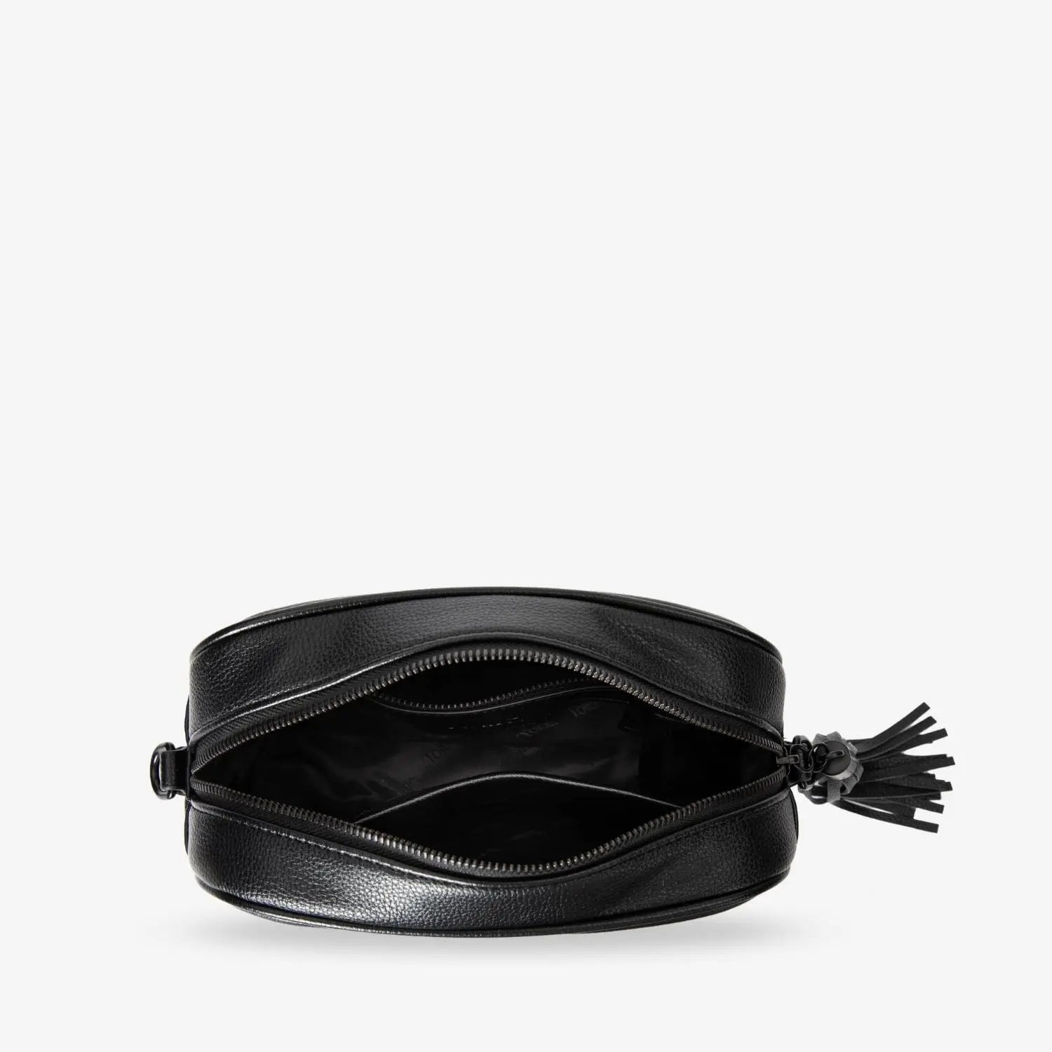 Open black crossbody bag showing black hardware and roomy inside – practical and stylish accessory