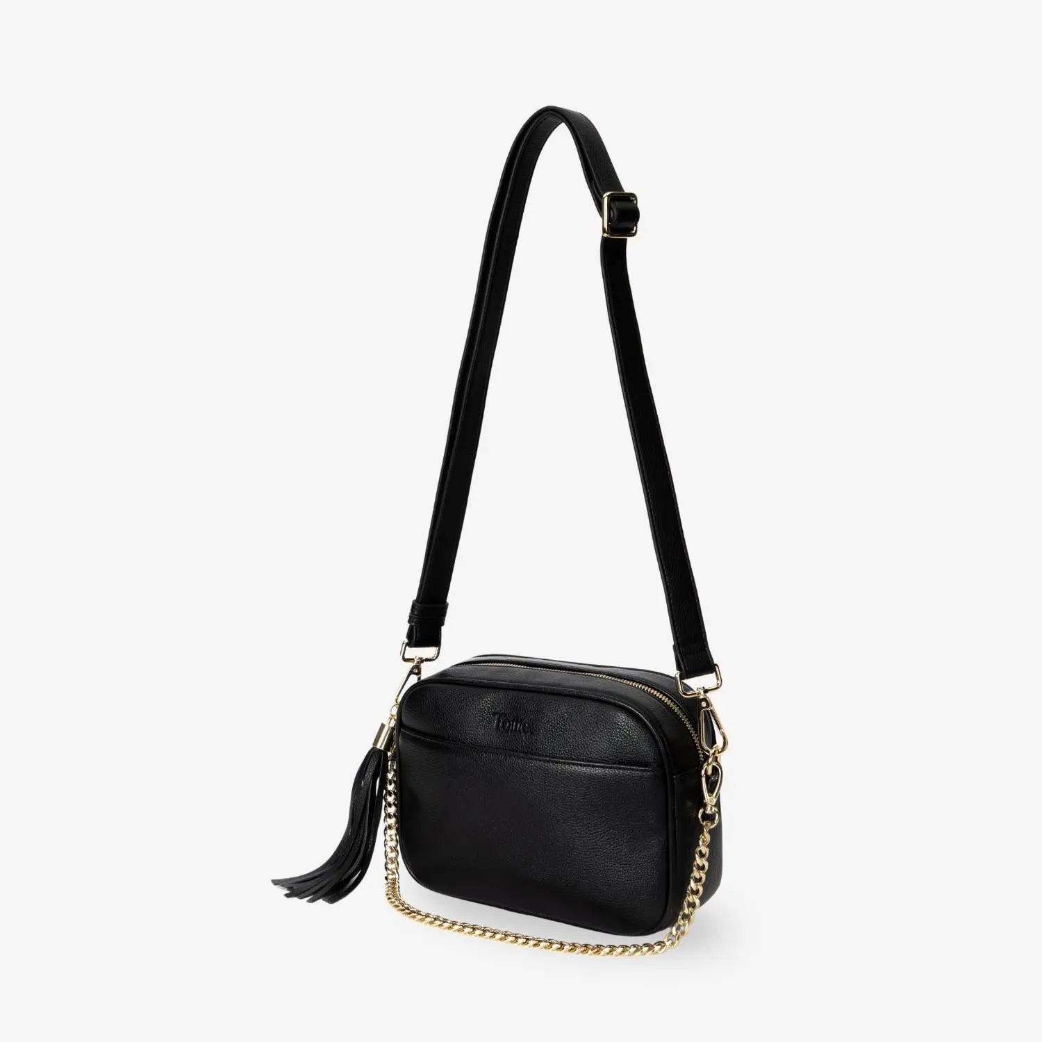Black crossbody bag with gold hardware and embossed Tottie logo on front – elegant and stylish design