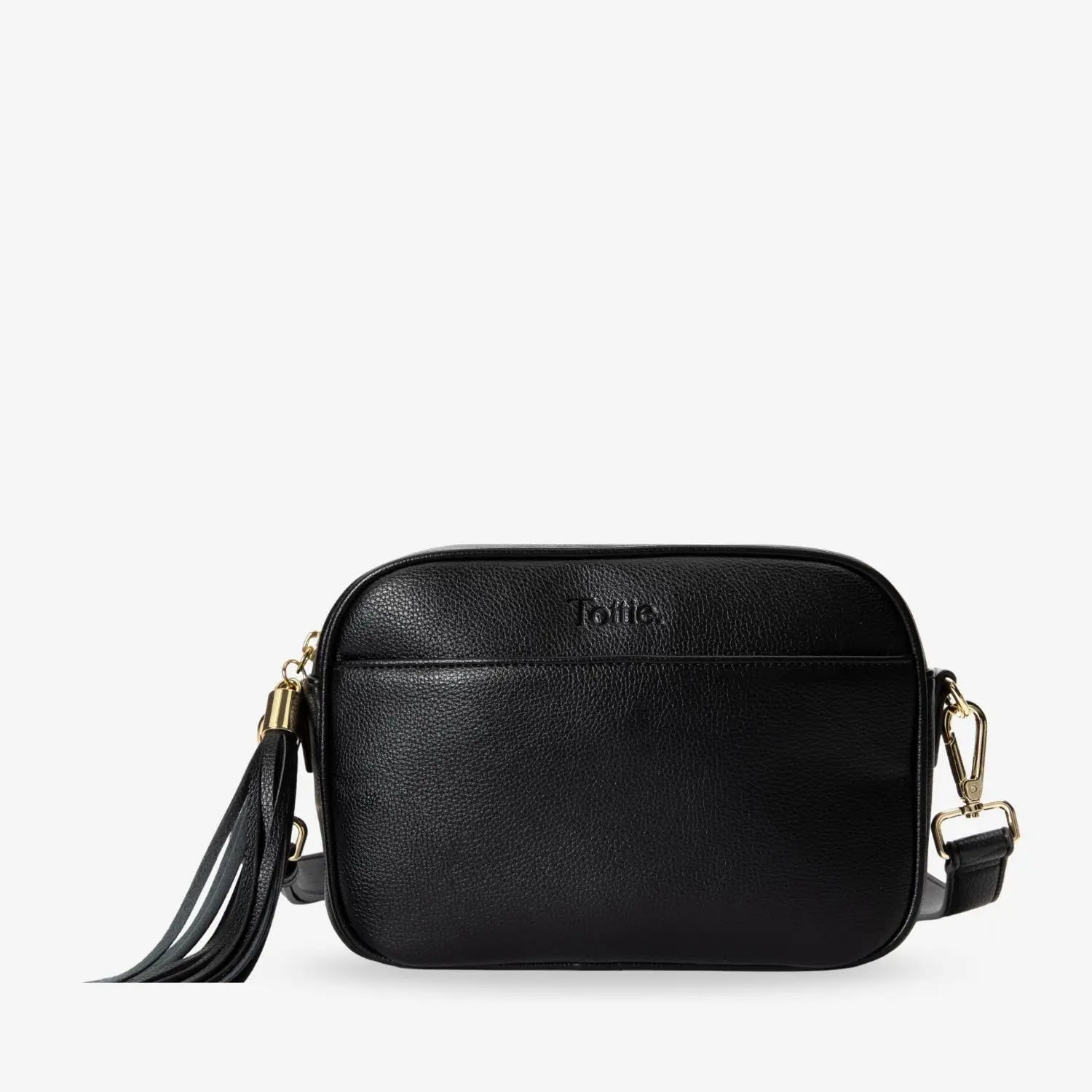 Front view of black crossbody bag with gold hardware and embossed Tottie logo on the front