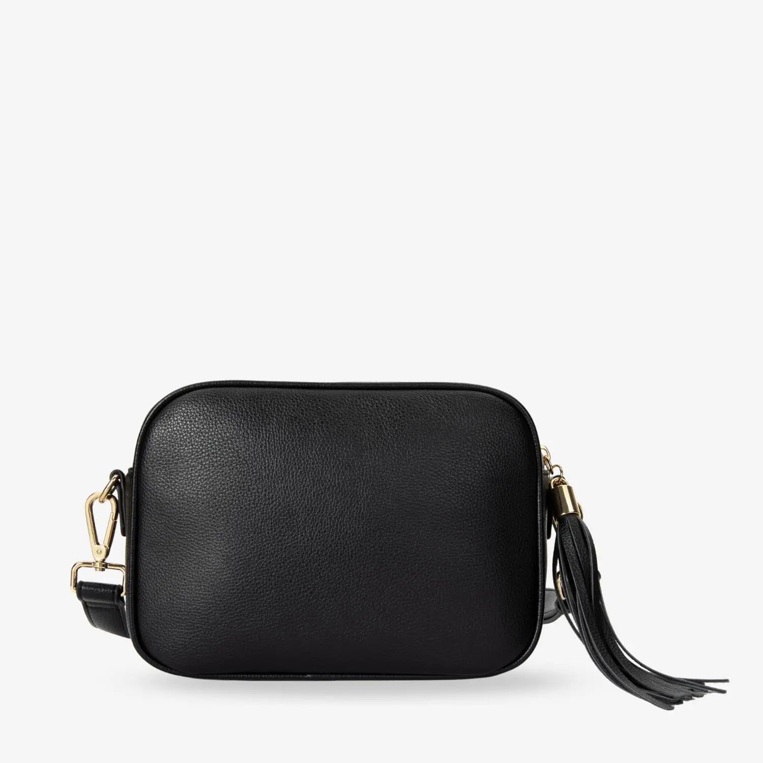 Vegan leather texture visible on back of black crossbody bag with gold-tone hardware