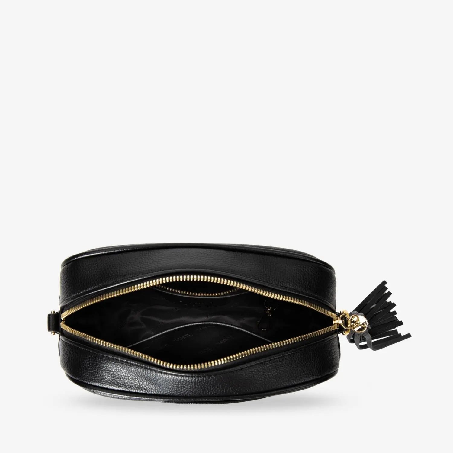Open black crossbody bag with gold-tone hardware showing roomy interior – stylish and practical.