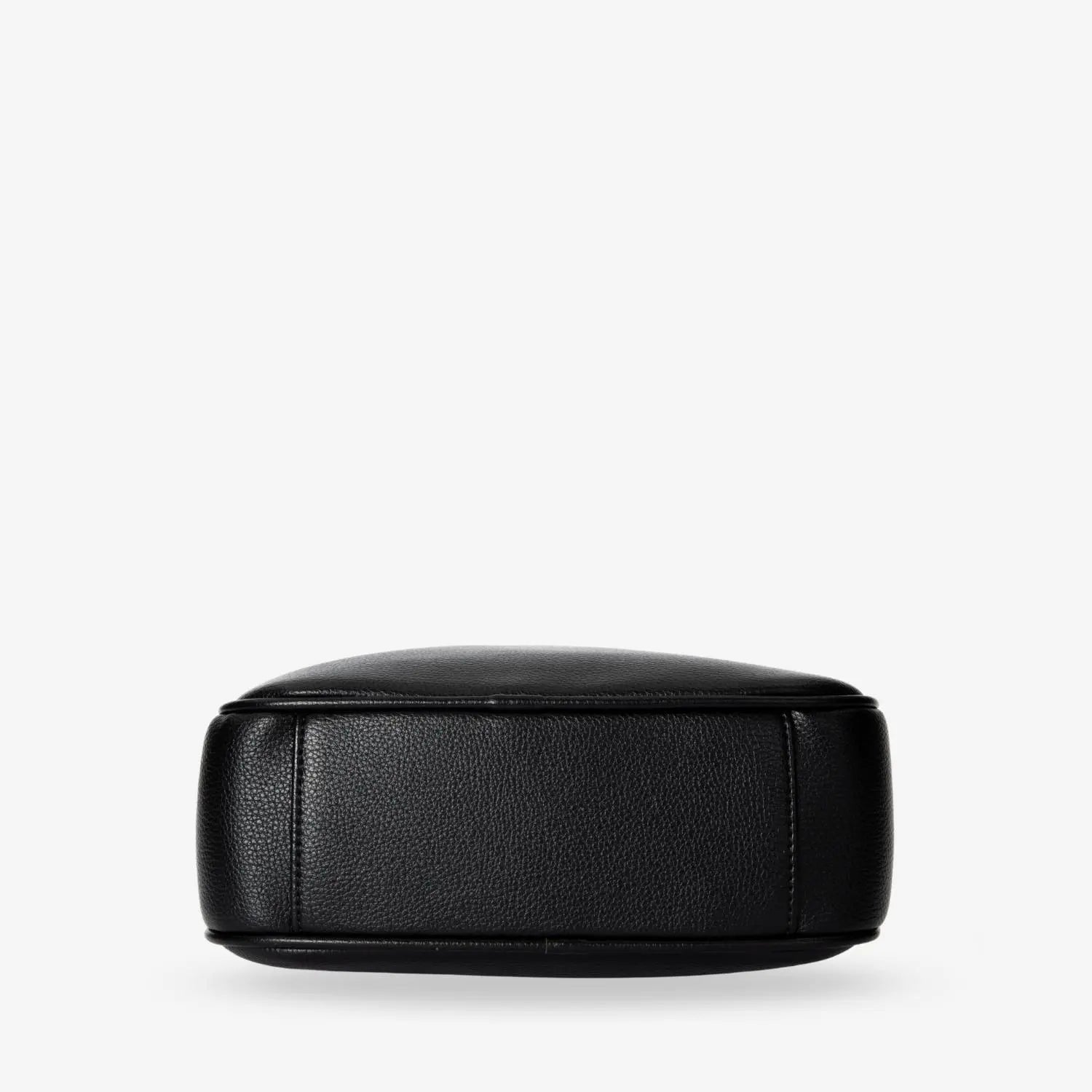 Detailed bottom shot of black crossbody bag with gold hardware accents – sleek accessory feature