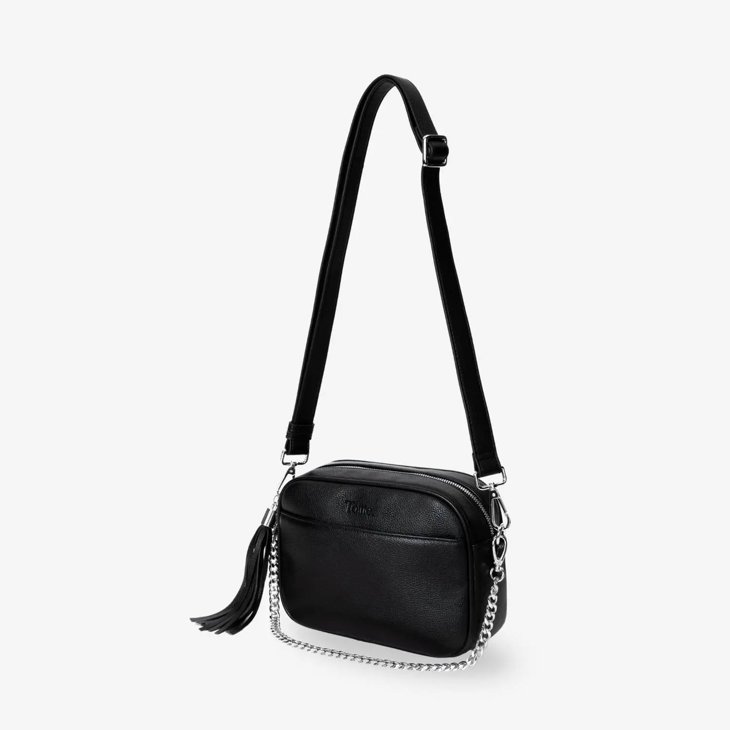 Black crossbody bag shown from a slight side angle featuring silver-tone hardware.