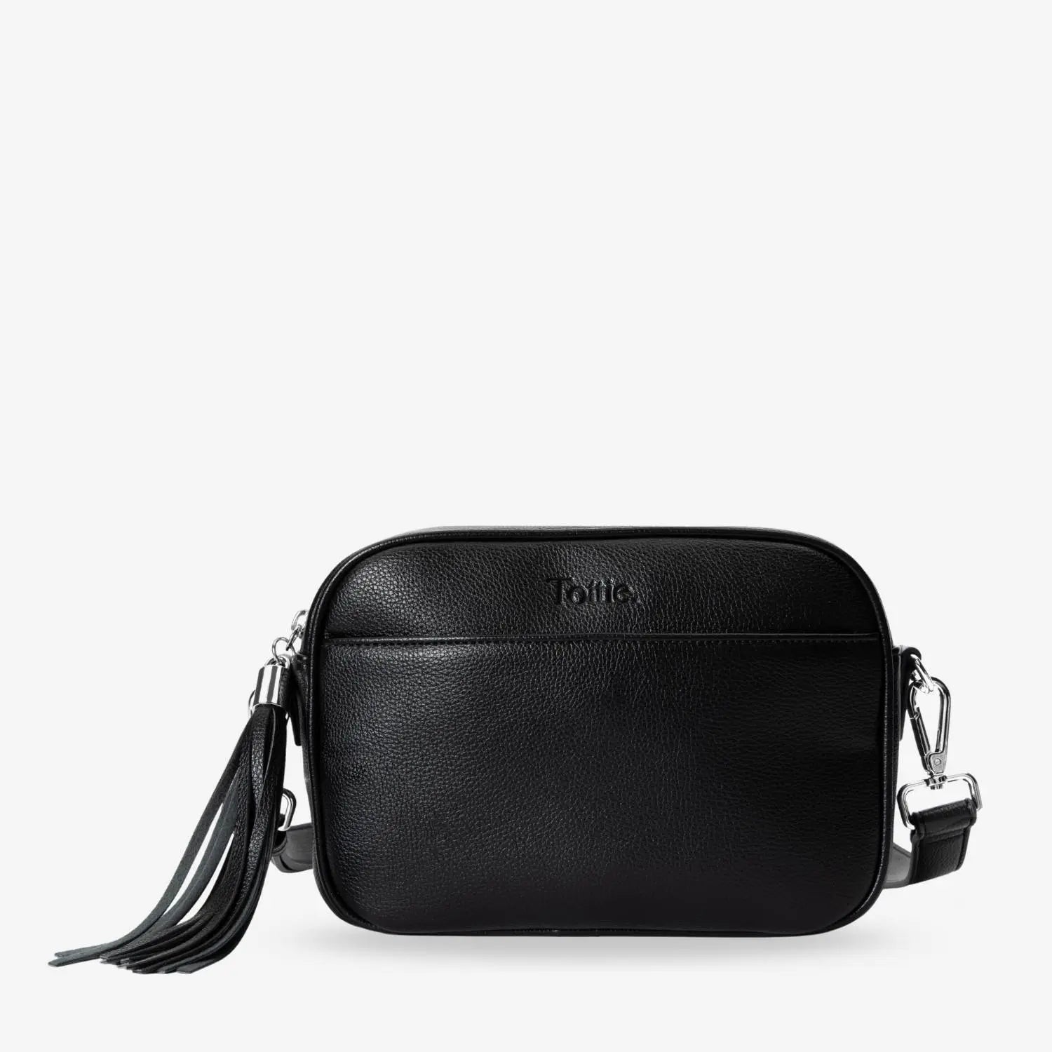 Black crossbody bag front featuring silver-tone hardware and embossed Tottie logo.