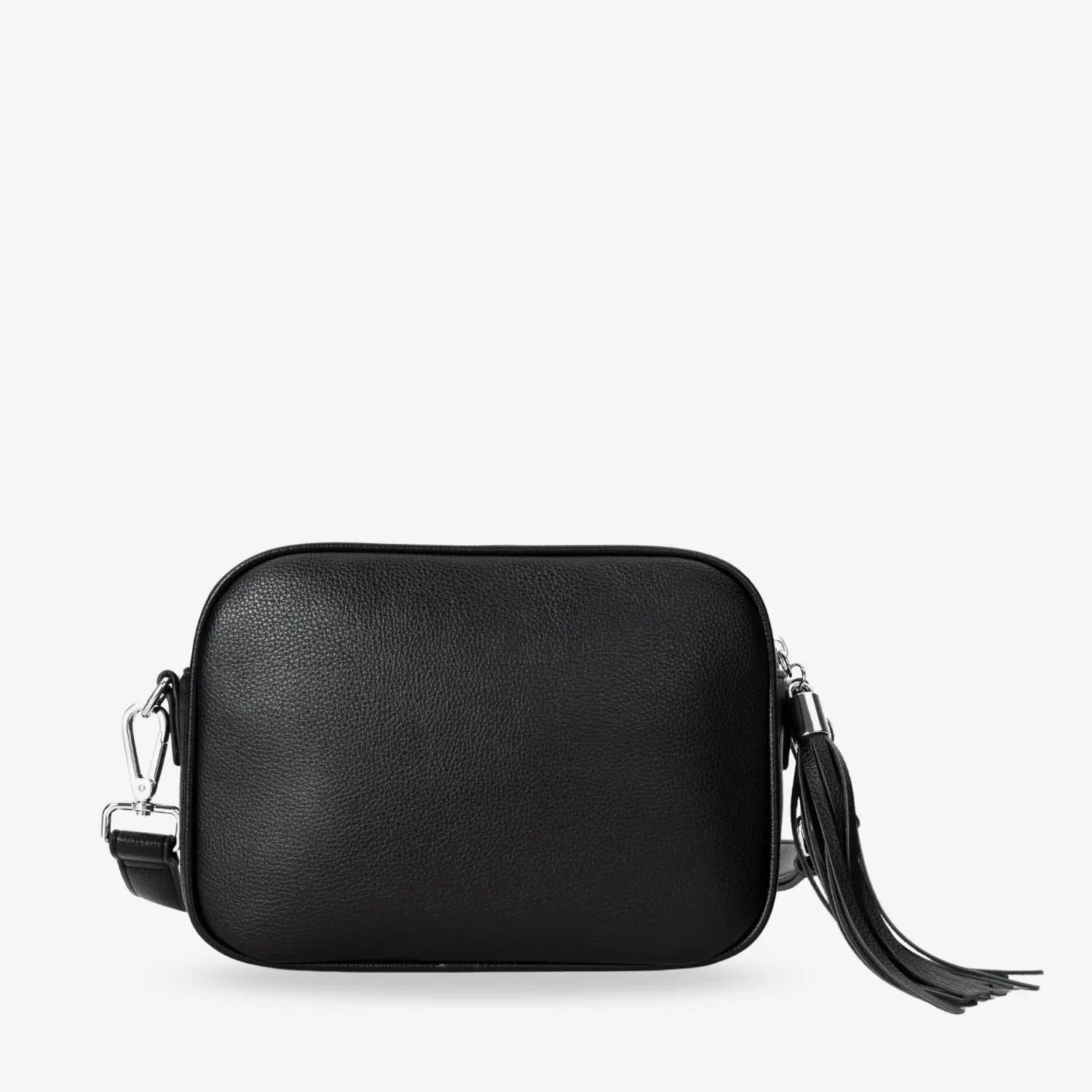 Black crossbody bag back featuring high-quality vegan leather texture