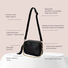 Detailed view of crossbody bag in black with gold hardware, with text labels showing key features for daily use