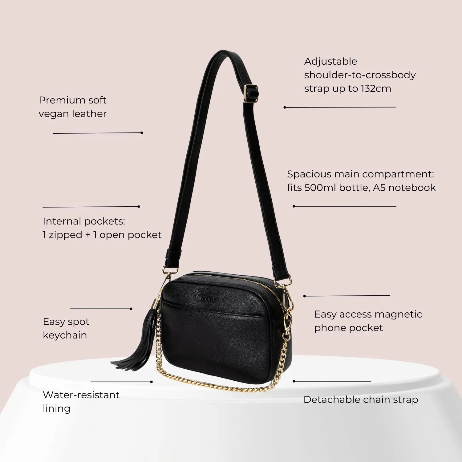 Detailed view of crossbody bag in black with gold hardware, with text labels showing key features for daily use