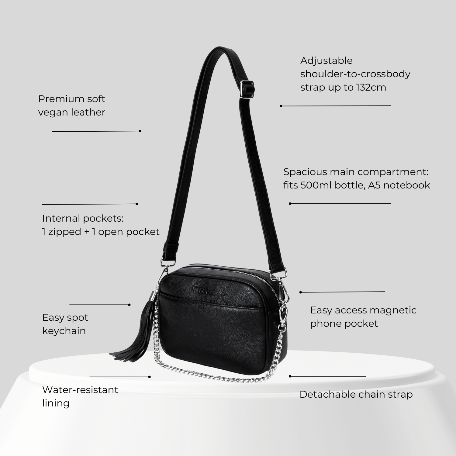 Black vegan leather crossbody bag with features listed on a gray background
