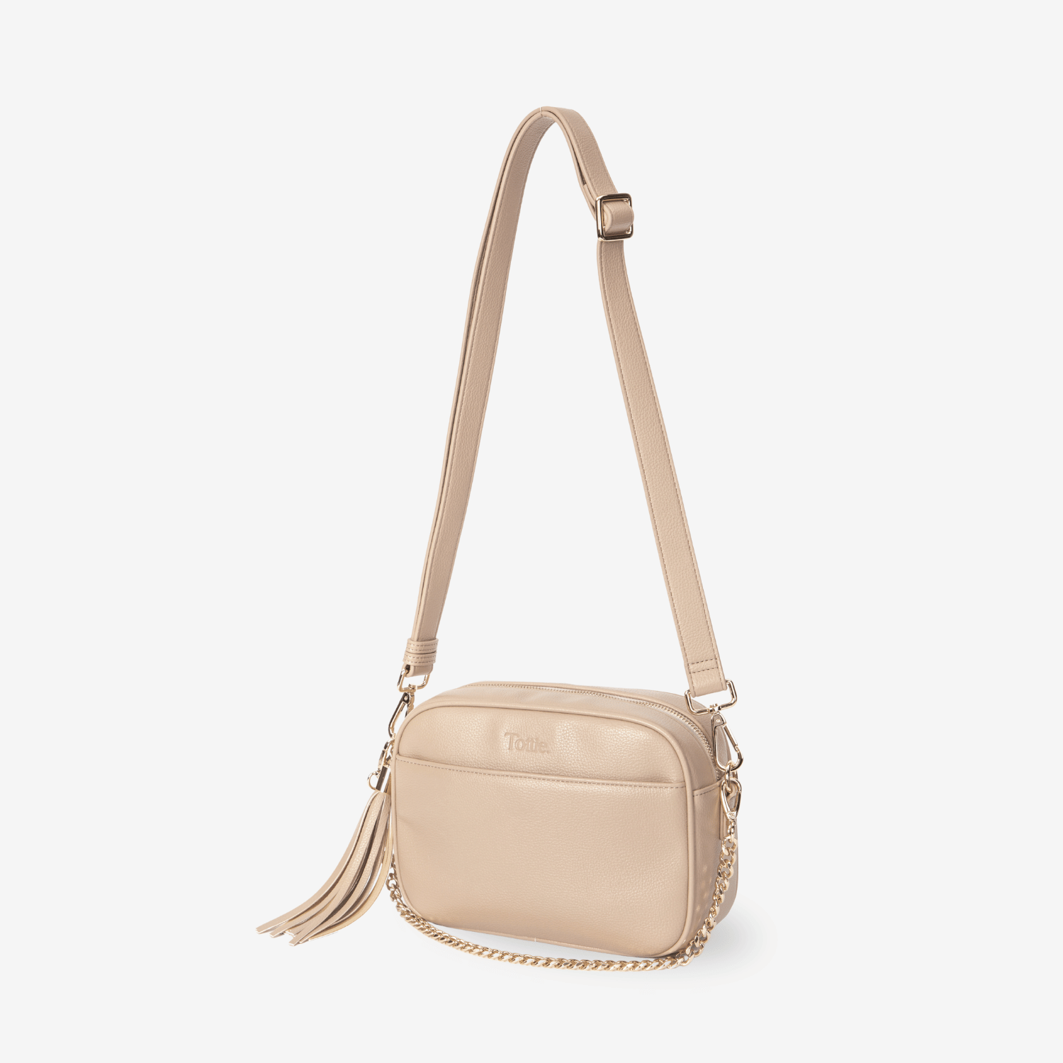 Beige crossbody bag with a strap on a white background