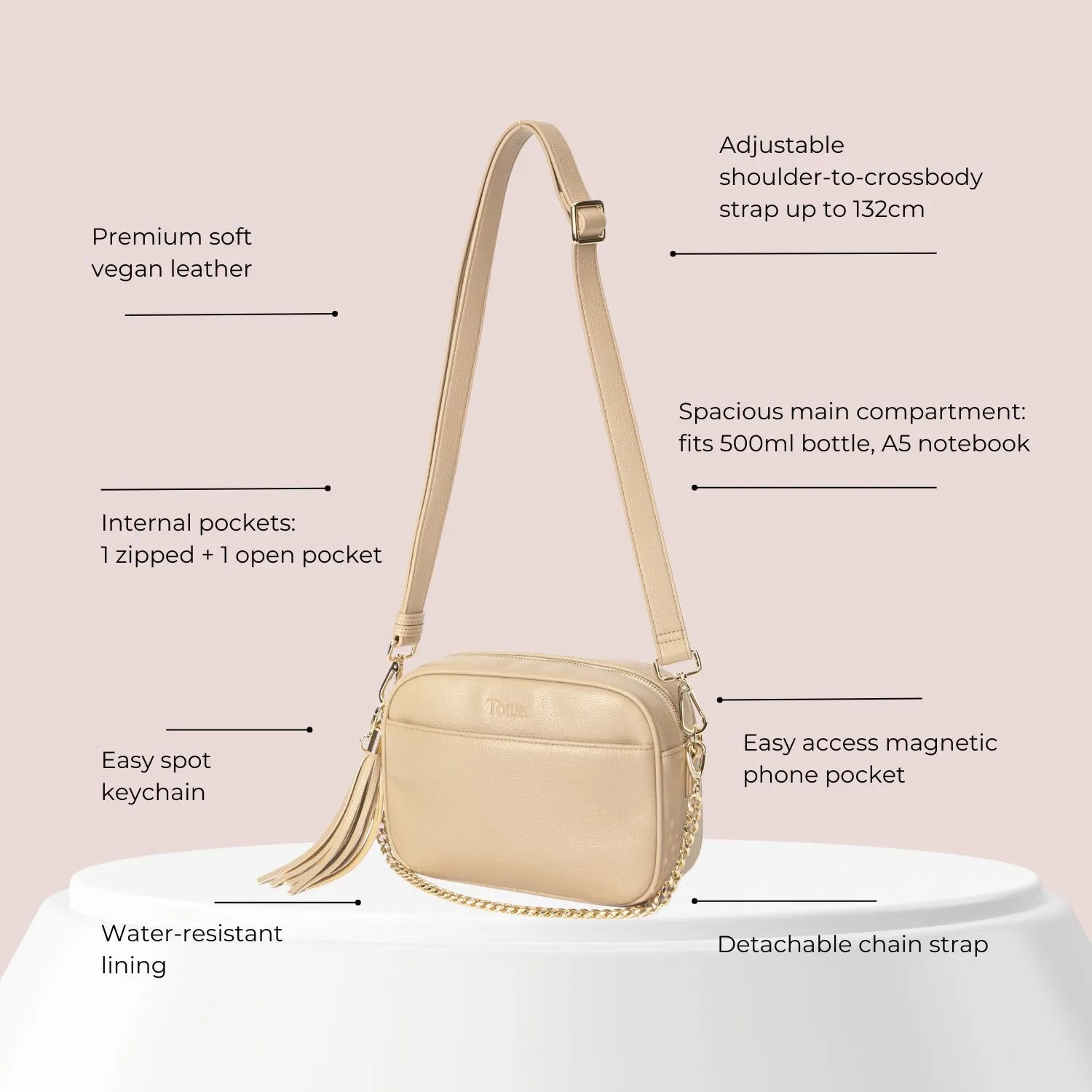 Stone crossbody bag with gold hardware and callouts for key features like magnetic closure, hidden pocket, and luxe finish
