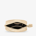 Stone colour crossbody bag in gold hardware opened from the top against a clean white background.