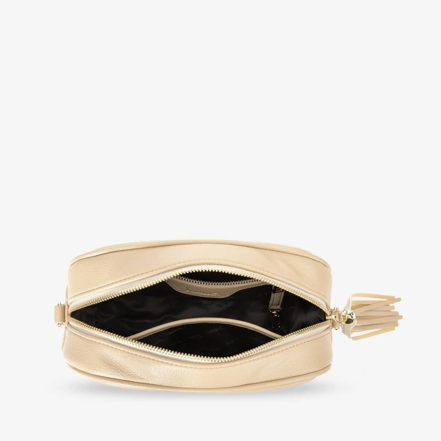 Stone colour crossbody bag in gold hardware opened from the top against a clean white background.