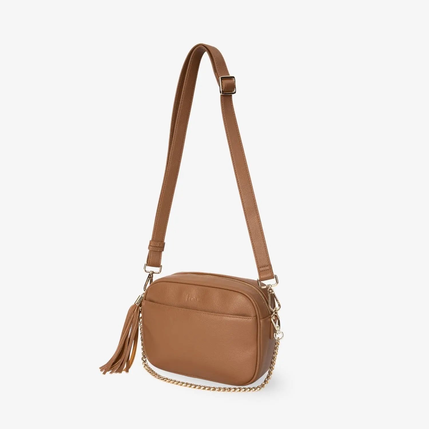 Tan colour crossbody bag with polished gold hardware and embossed Tottie logo in front against white backdrop.