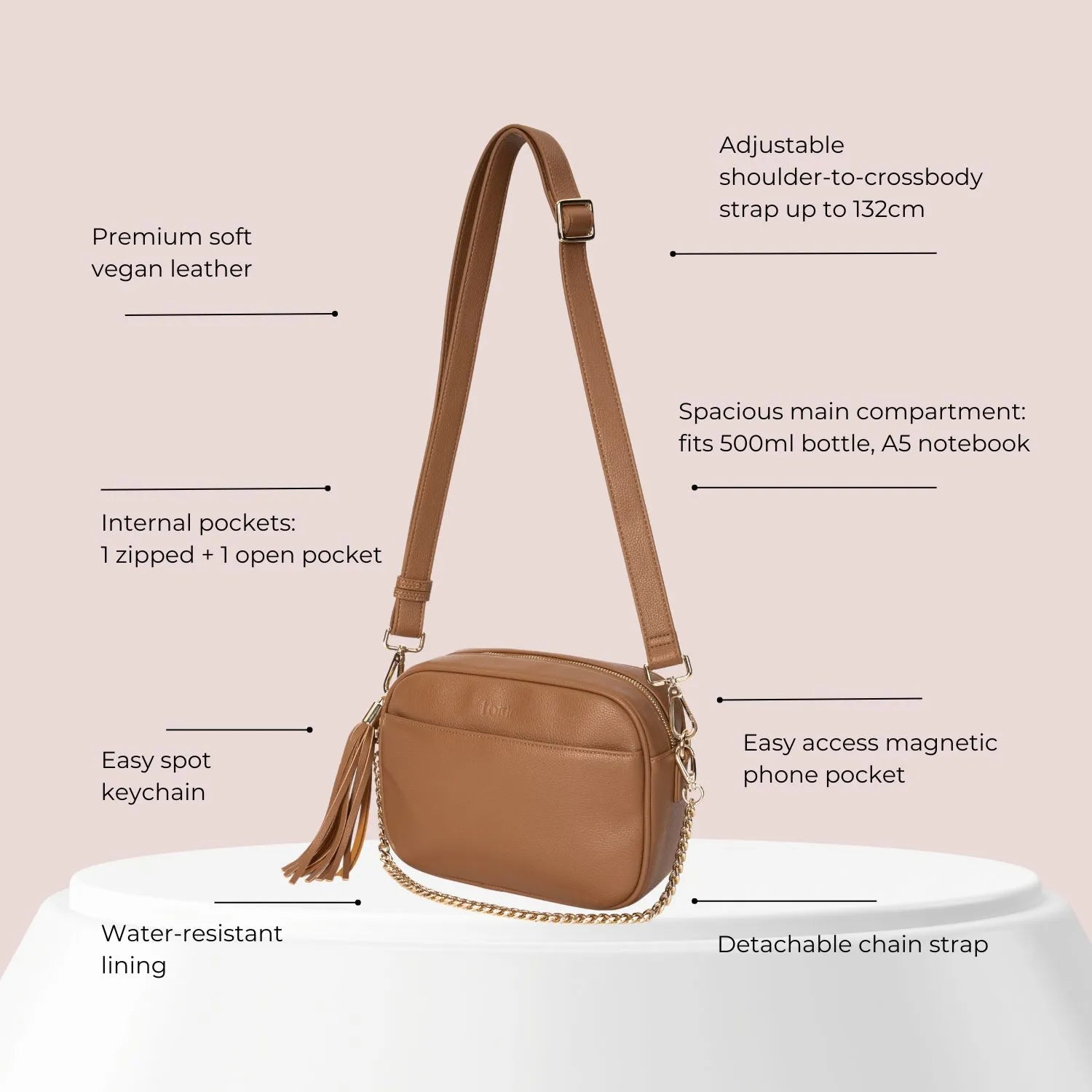 Tan crossbody bag with gold hardware and labels showing its features.