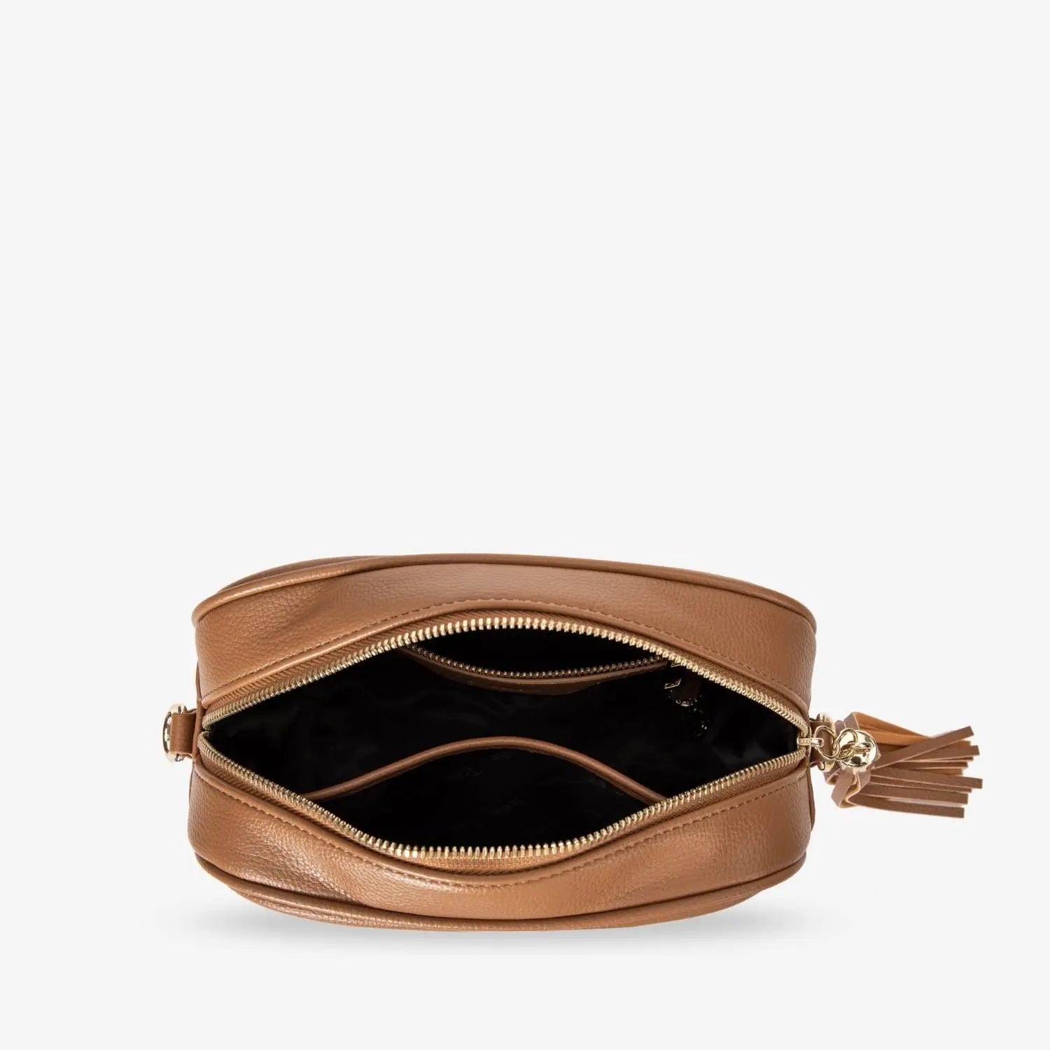 Top open view of tan colour crossbody bag with gold hardware showing interior compartments