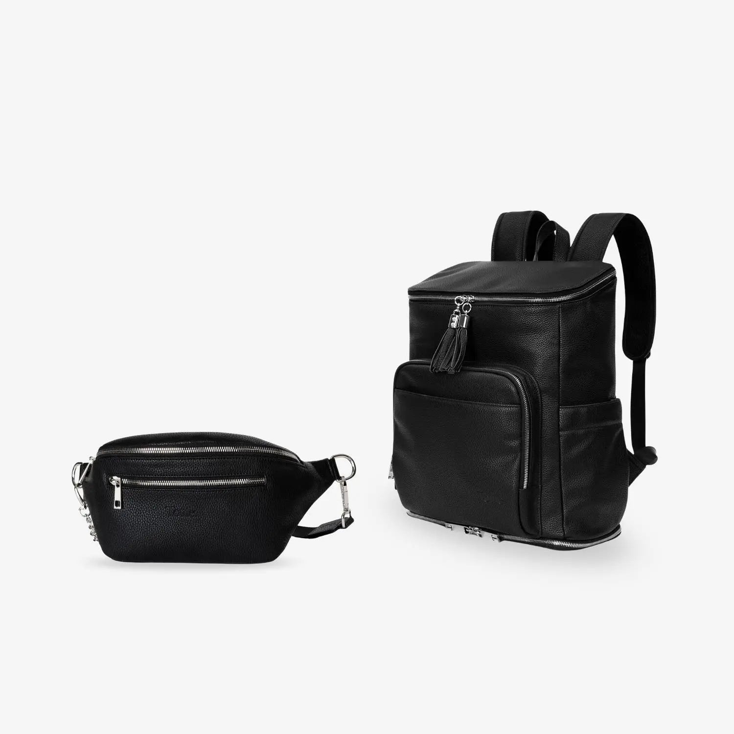 Jet Set Bundle featuring a black nappy bag backpack with silver hardware and a matching black bum bag with silver hardware on white background
