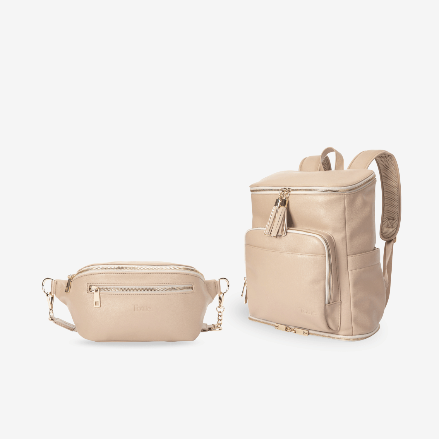 Beige travel backpack and fanny pack on a white background