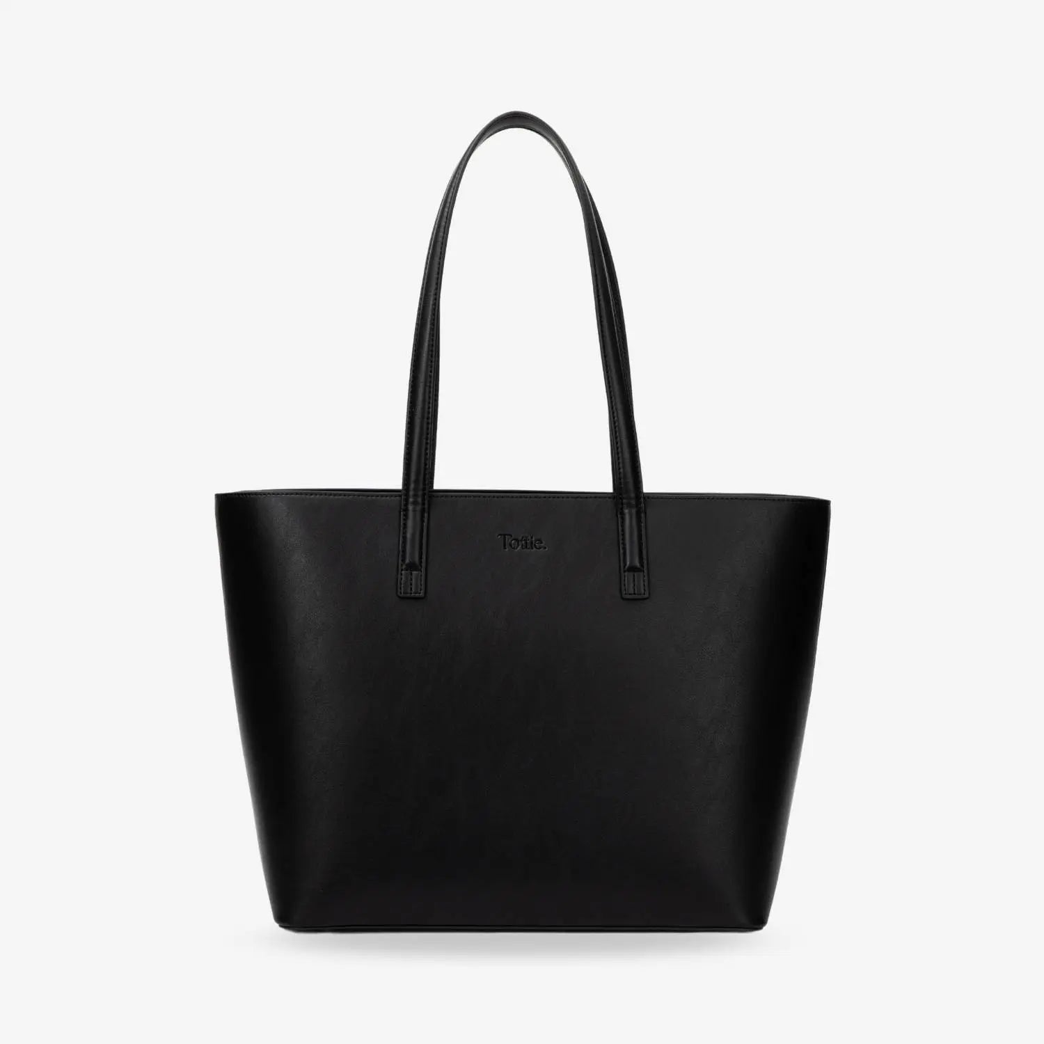 Black tote bag front-facing with subtle embossed Tottie logo displayed on plain white background.