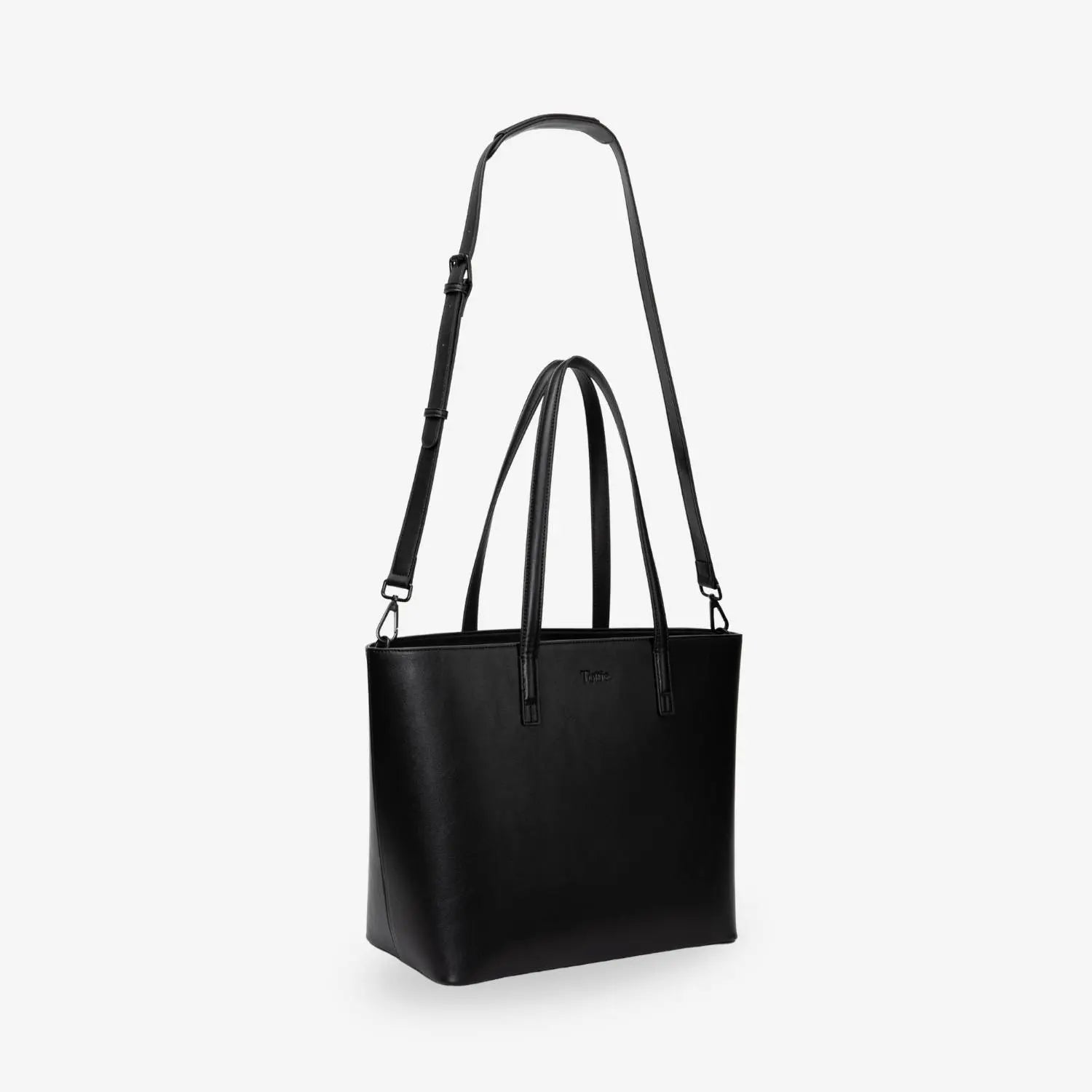 lack colour tote bag at a slight side angle showing subtle embossed Tottie logo on white backdrop