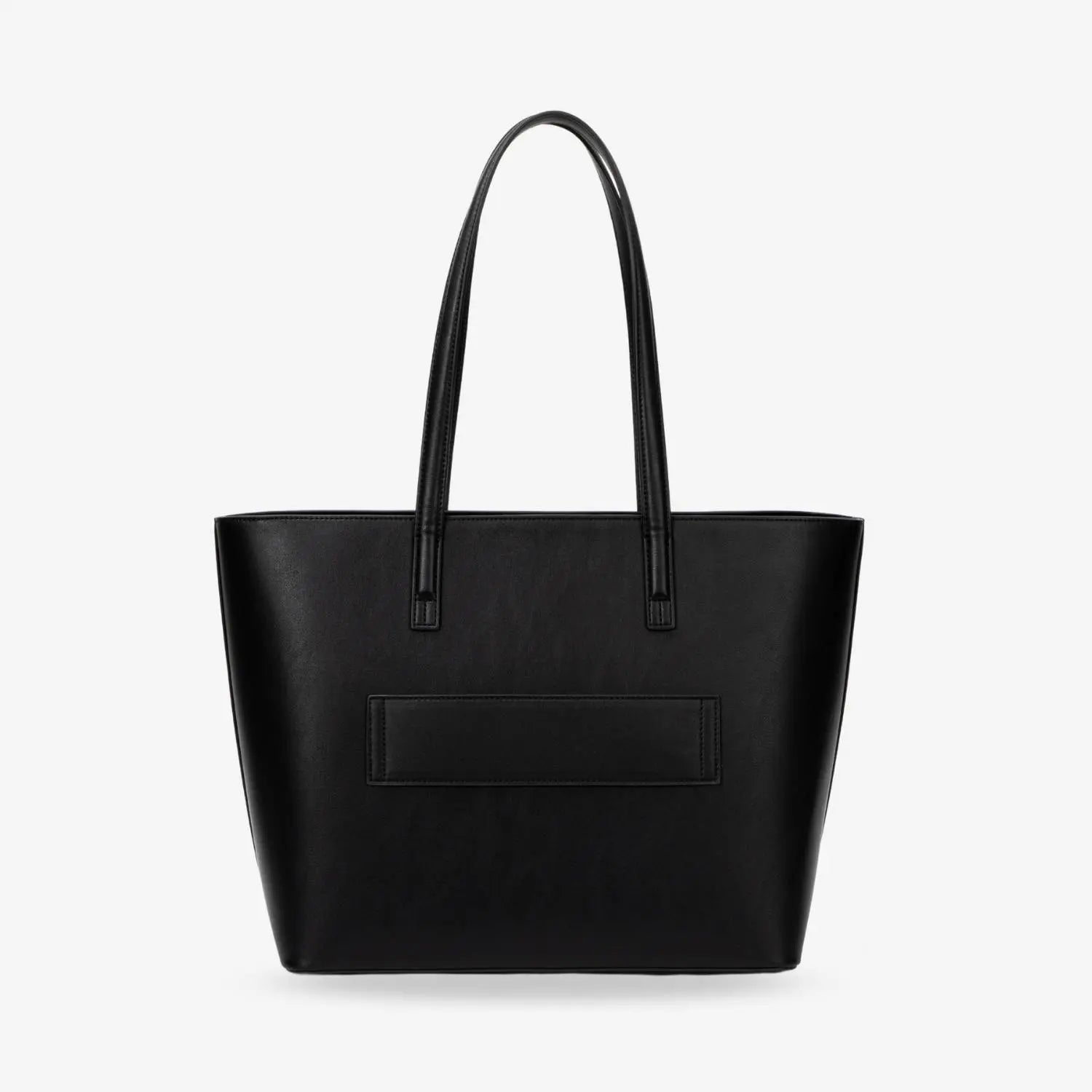 Black colour tote bag back view highlighting smooth finish and clean lines on white background.