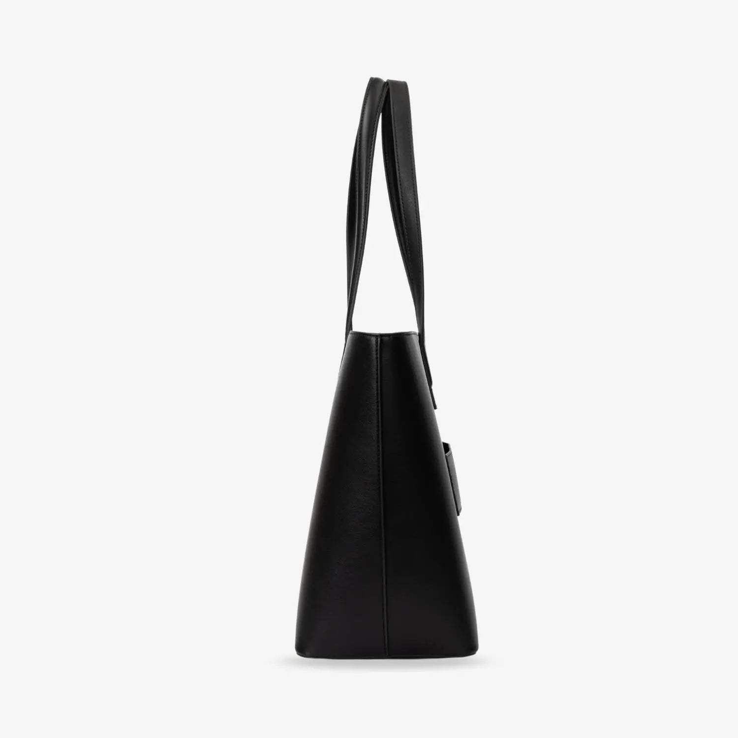 Sleek side perspective of black tote bag with minimalist design on white background
