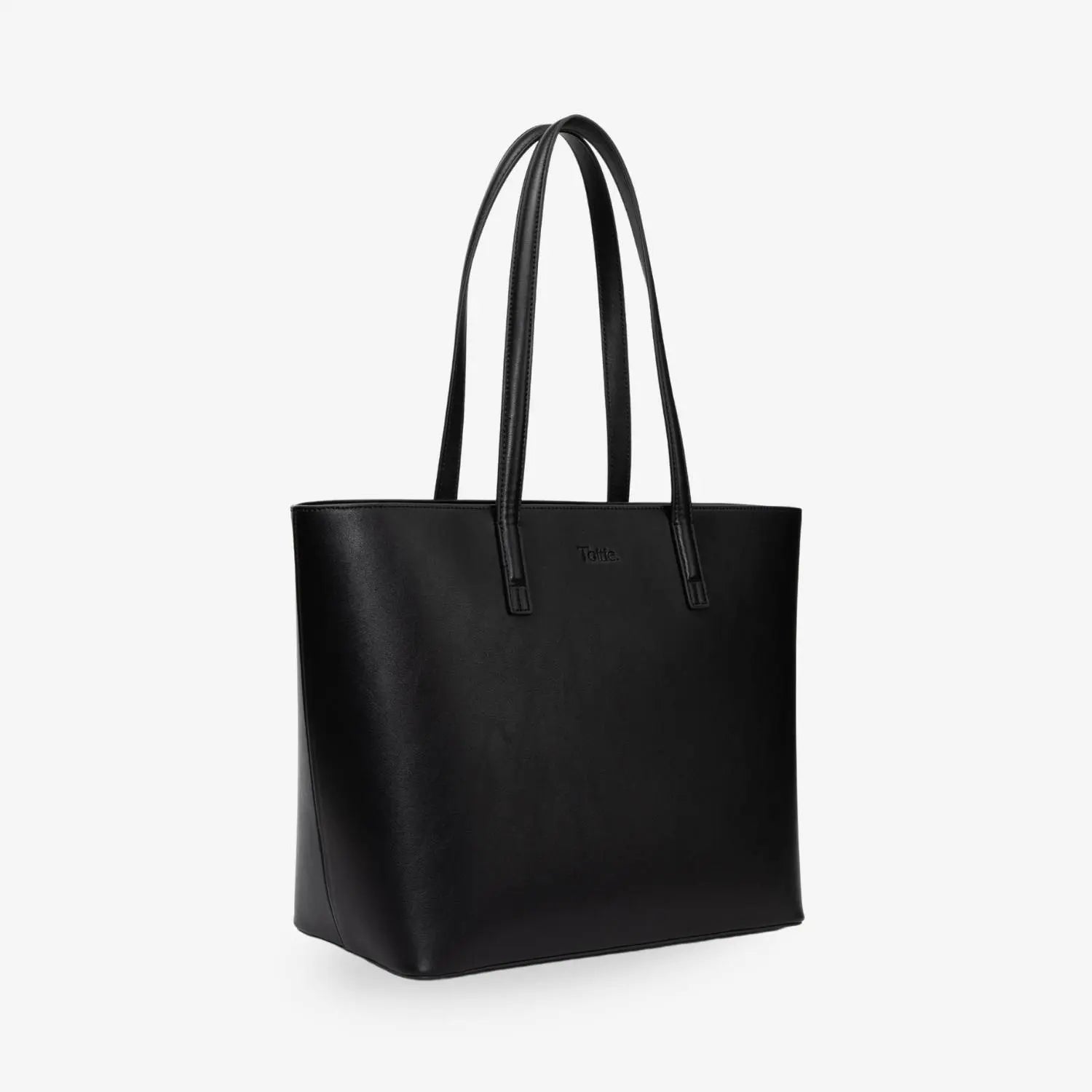 Black tote bag shown from a slight side angle featuring embossed Tottie logo on front.