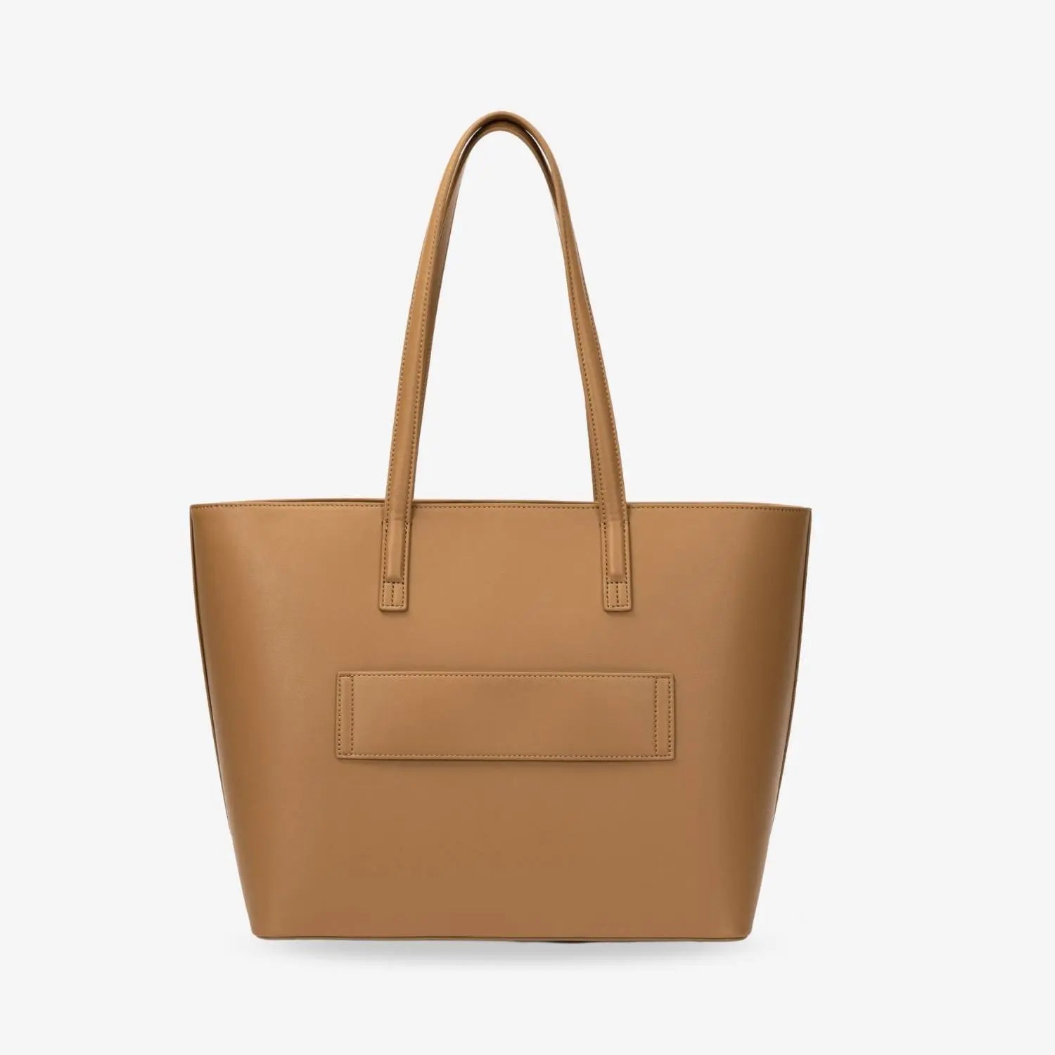 Tan colour tote bag back angle shot on plain white backdrop.