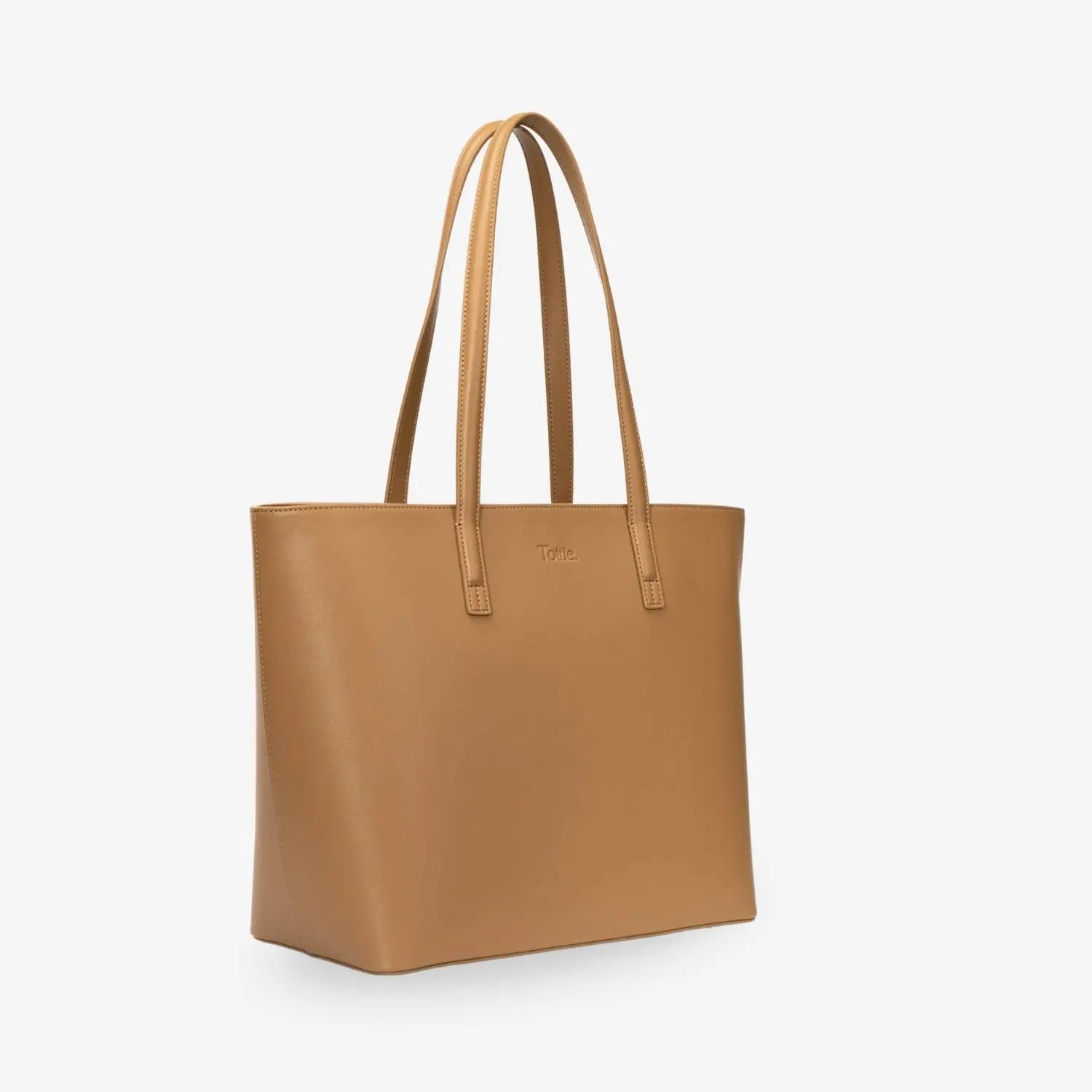 Angled side view of tan colour tote bag displaying clean design and structure