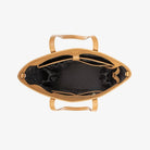Top-down image of open tan tote bag revealing roomy compartment and smooth interior.