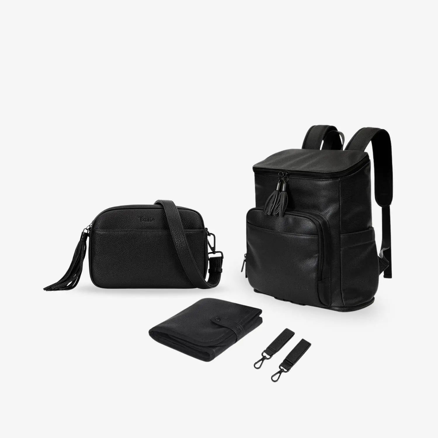 Black Mama Bundle with matching black hardware: nappy bag backpack, crossbody bag, baby change mat, and pram clips displayed on white background