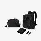 Complete mama bundle set in black with silver accents – includes nappy backpack, crossbody bag, change mat and pram clips