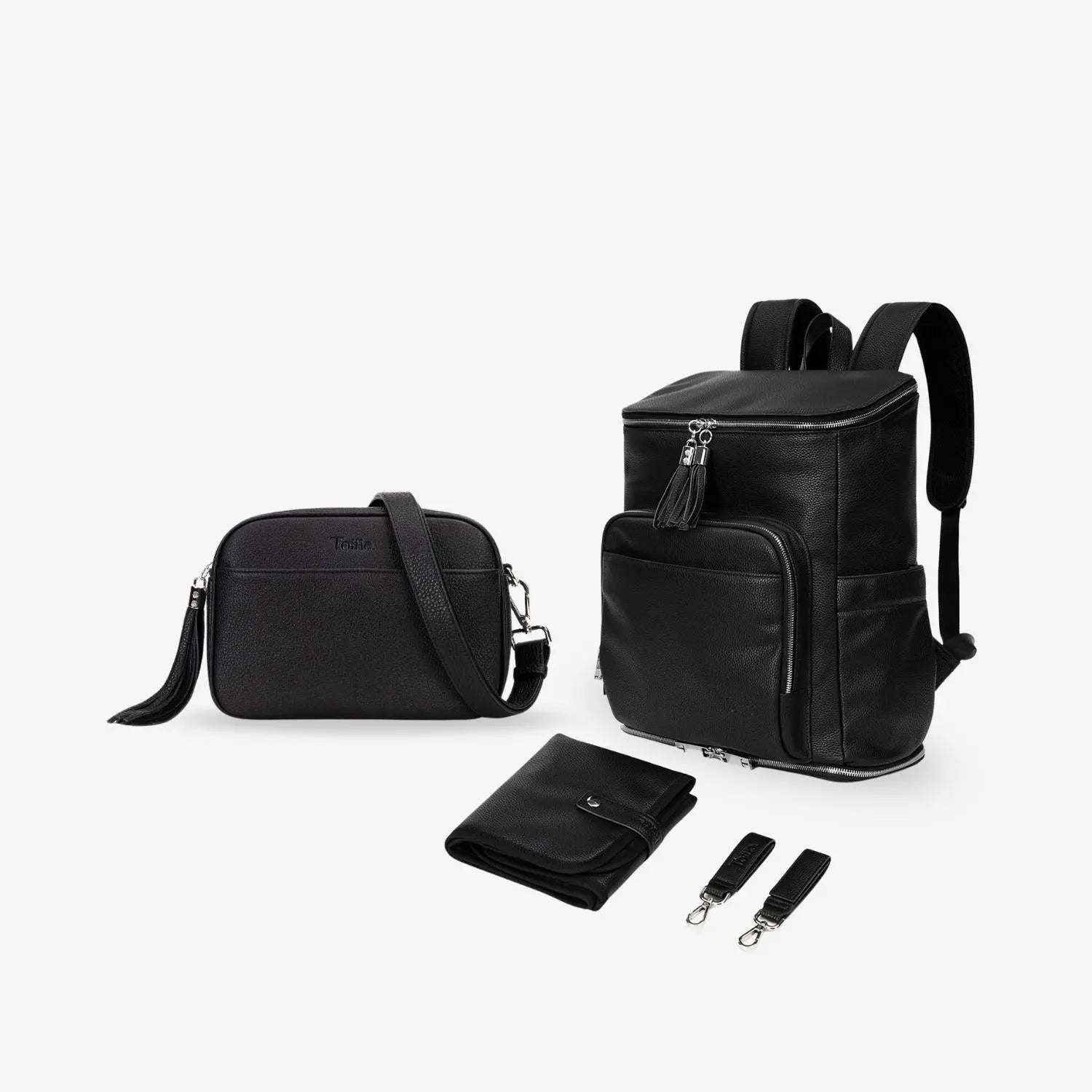 Complete mama bundle set in black with silver accents – includes nappy backpack, crossbody bag, change mat and pram clips