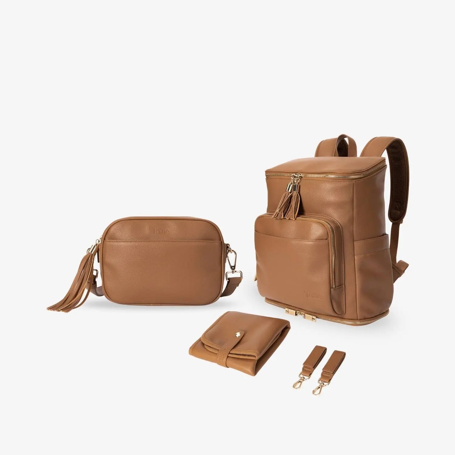 Stylish tan mama bundle set with gold accents – includes nappy bag backpack, crossbody bag, baby change mat and pram clips