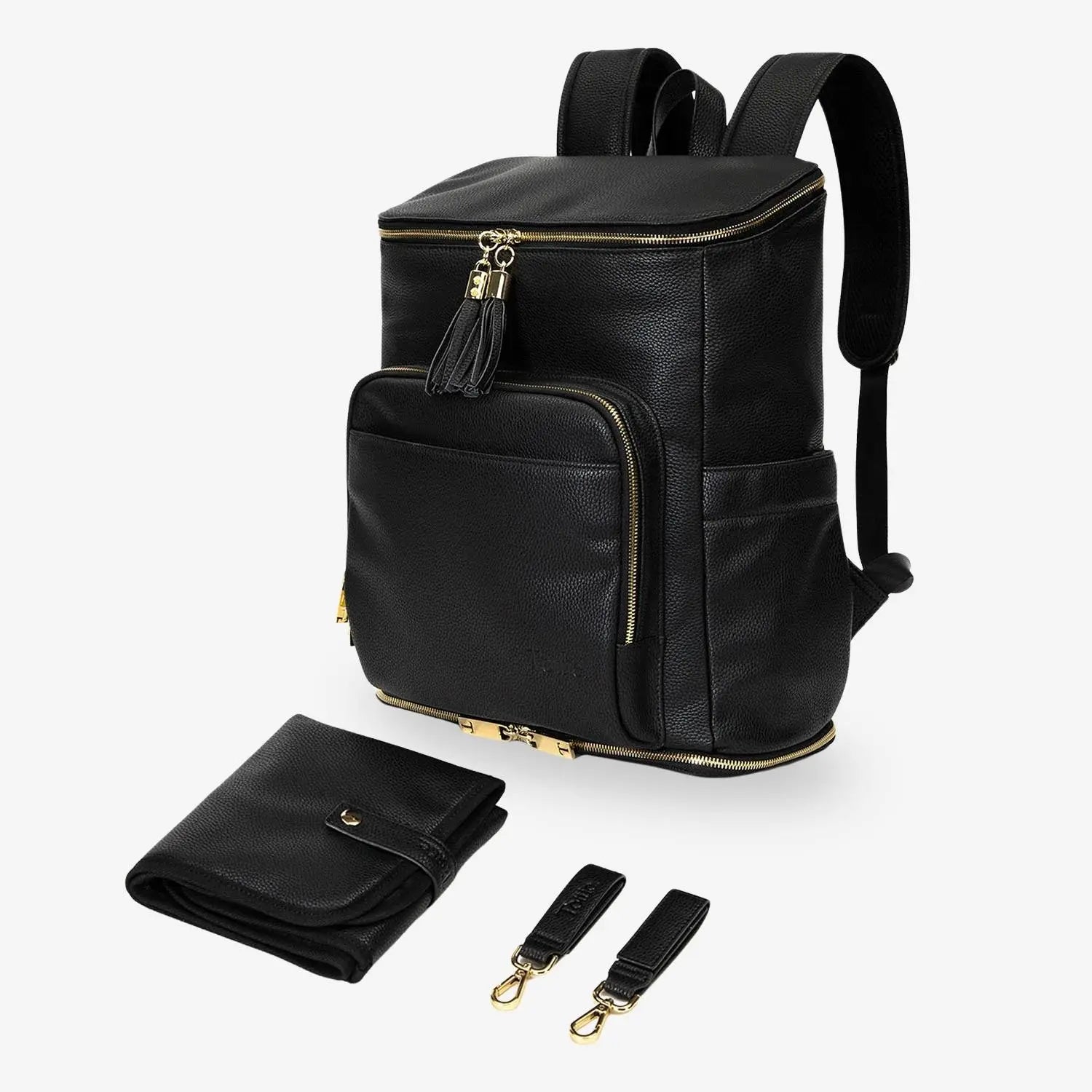 Set of black nappy bag backpack, change mat, and pram clips with elegant gold-tone hardware – minimalist baby accessories displayed on white background.