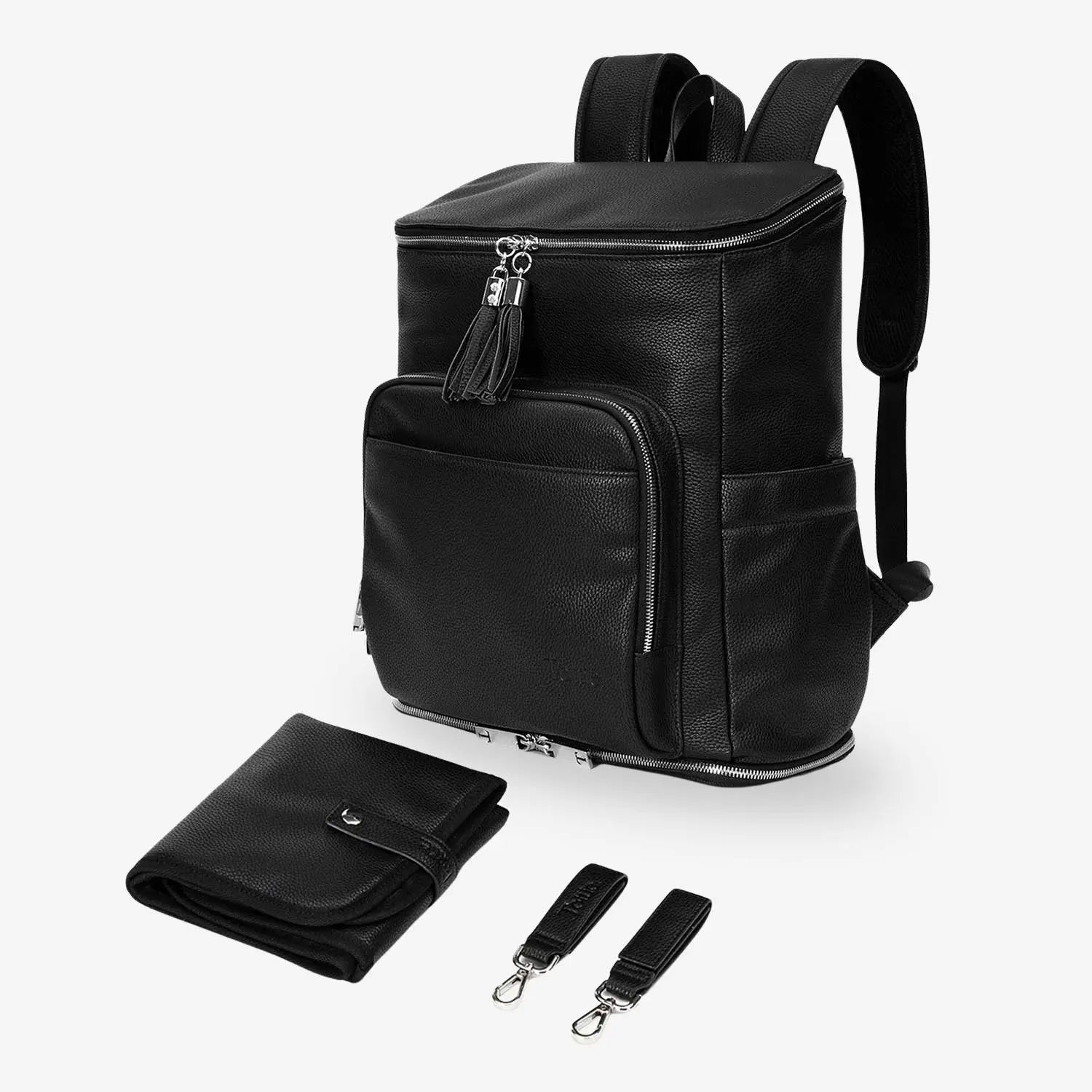 Black nappy bag backpack with matching black change mat and pram clips, all featuring silver hardware on white background – sleek and practical baby essentials.