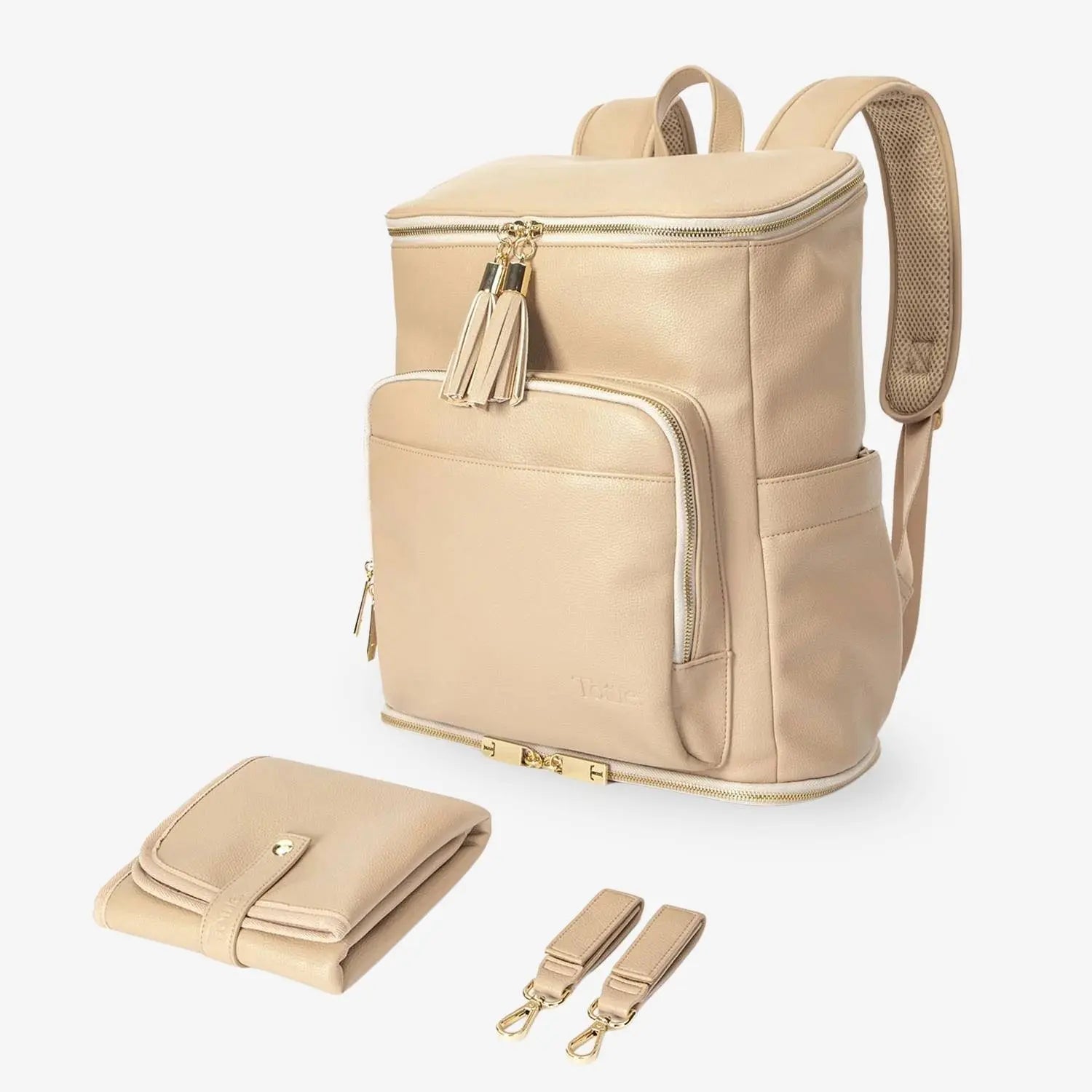 Coordinated stone colour nappy bag backpack, change mat, and pram clips with gold hardware on white background – essential accessories for organised parents