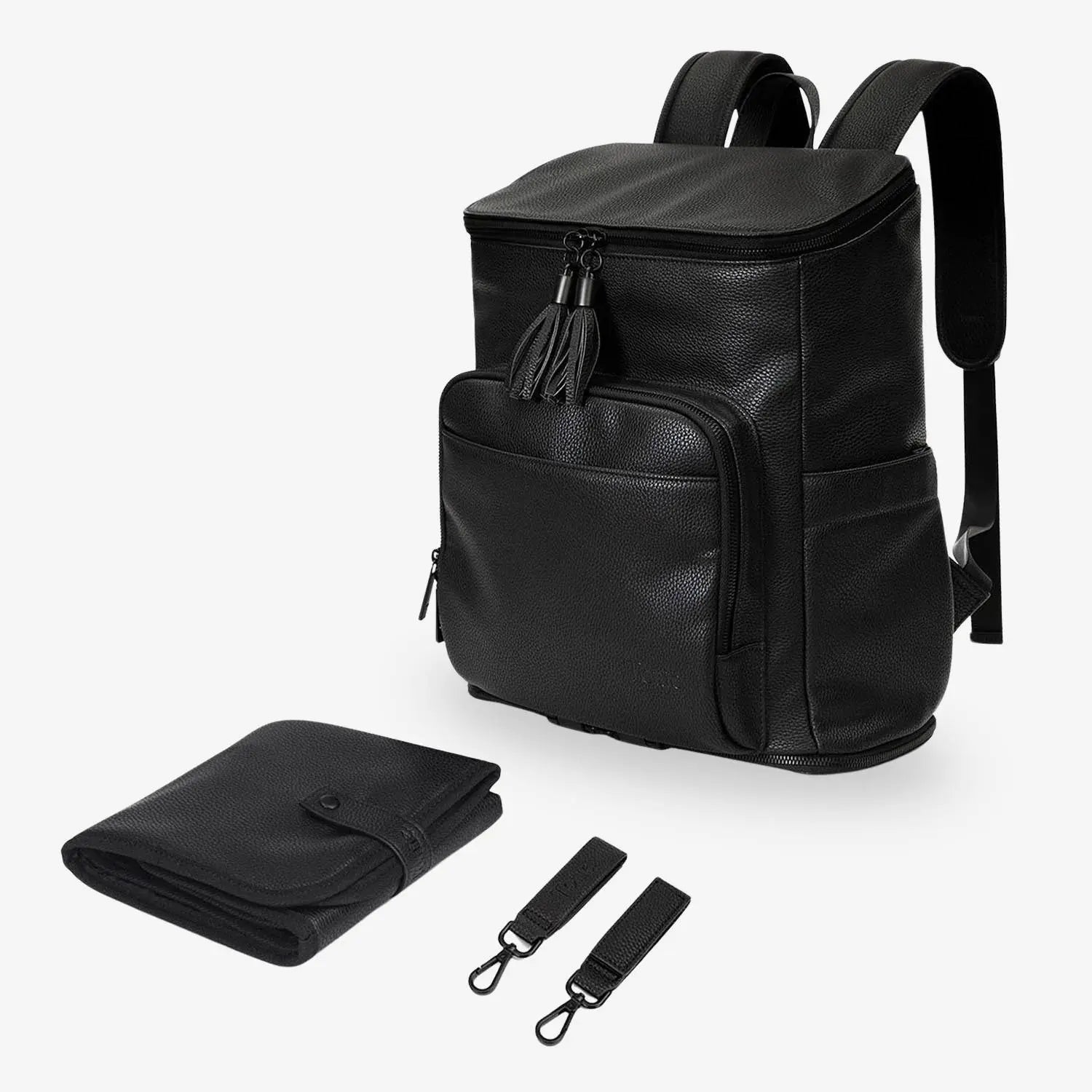 Set of black nappy bag backpack, black change mat, and black pram clips with black-tone hardware – minimalist and versatile baby accessories.