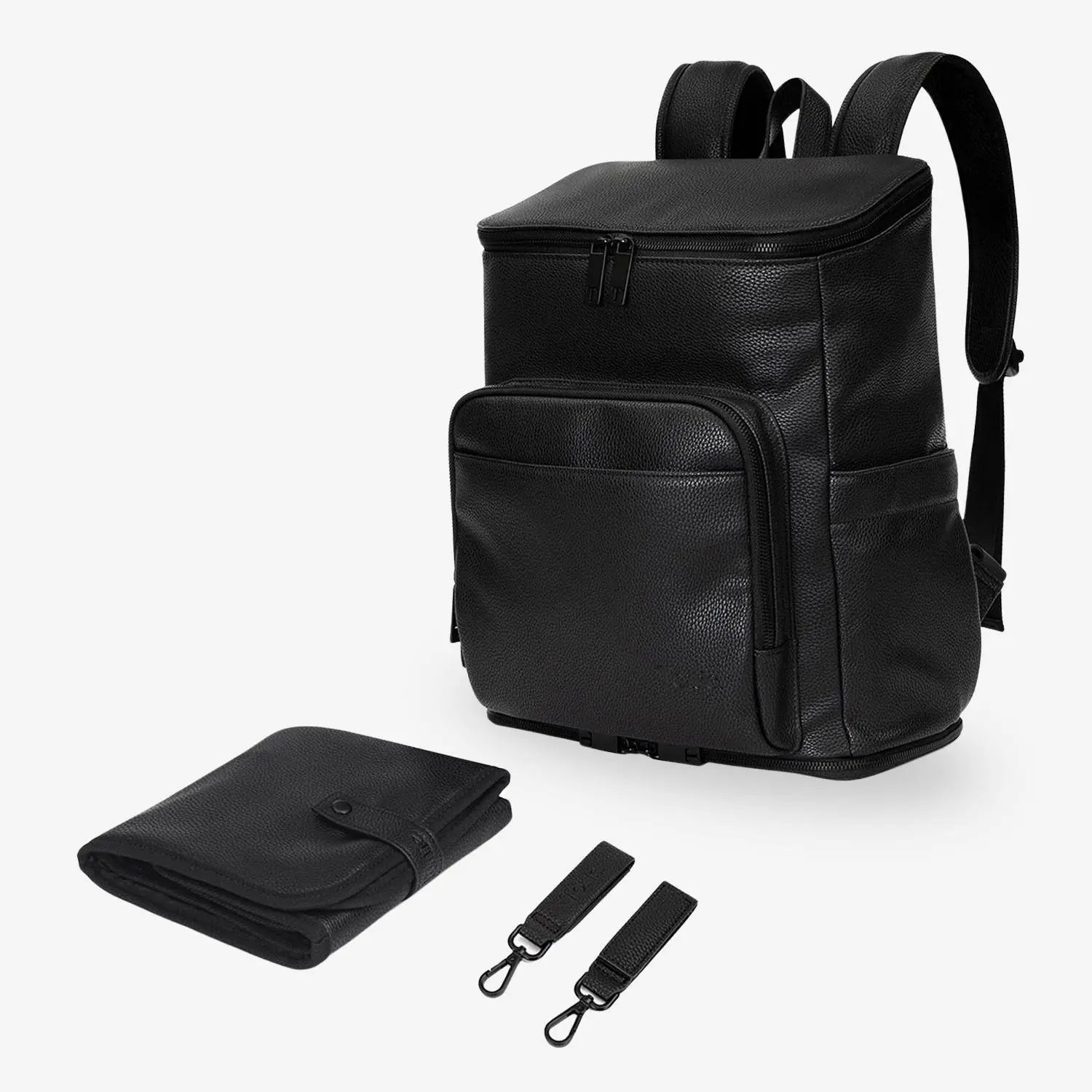 Black nappy bag backpack with matching black change mat and pram clips, all featuring black hardware – stylish and practical baby essentials.