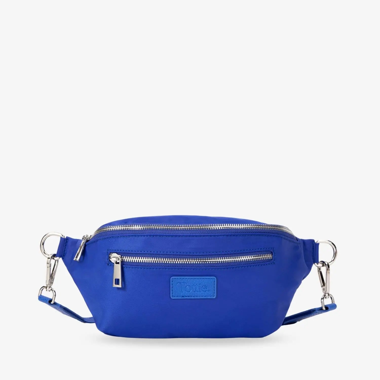 Royal blue nylon bum bag front-facing with WDHTFT embossed strap and embossed Tottie logo displayed on white backdrop