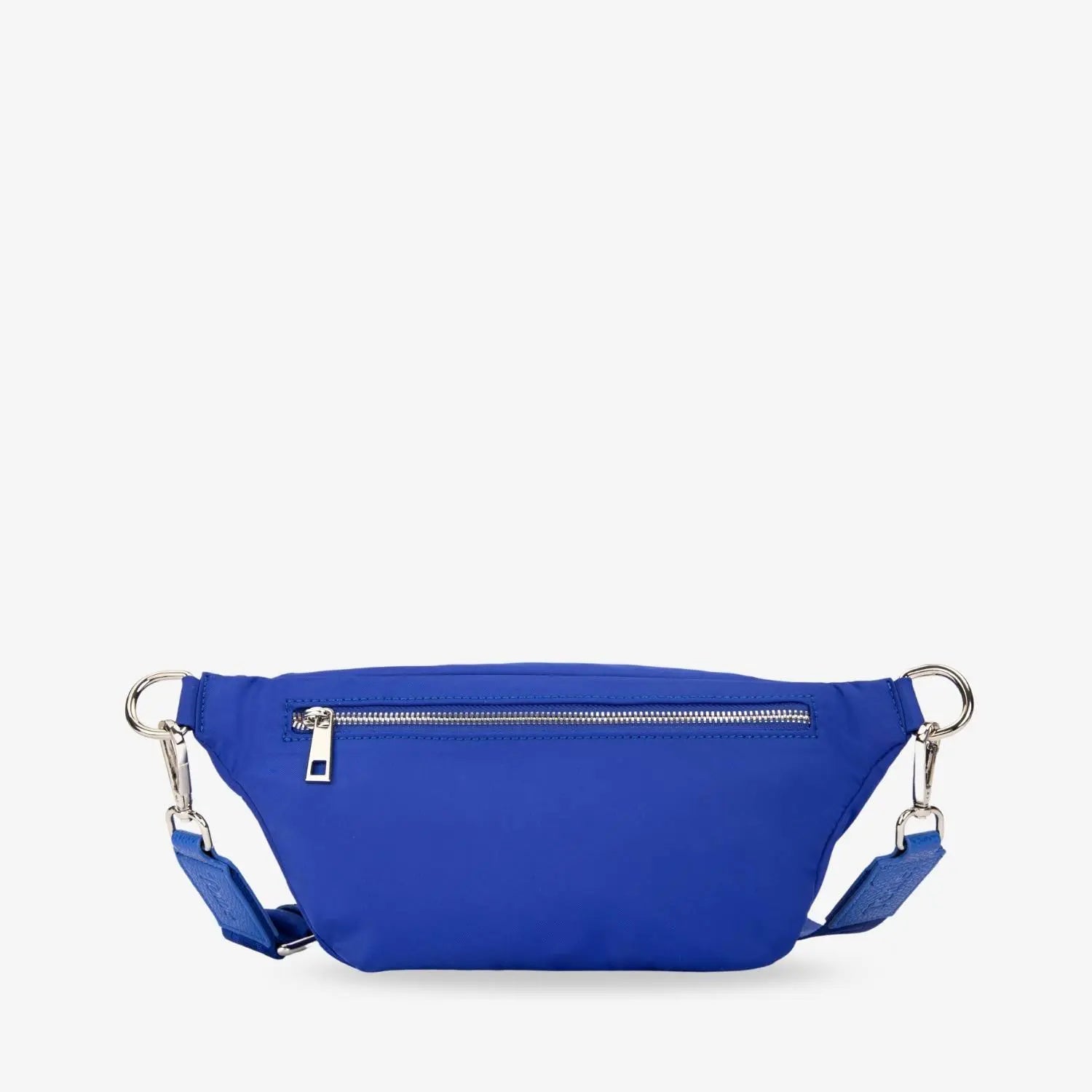 Back side of royal blue nylon bum bag with visible WDHTFT strap embossing and embossed Tottie logo at the front, set against white background