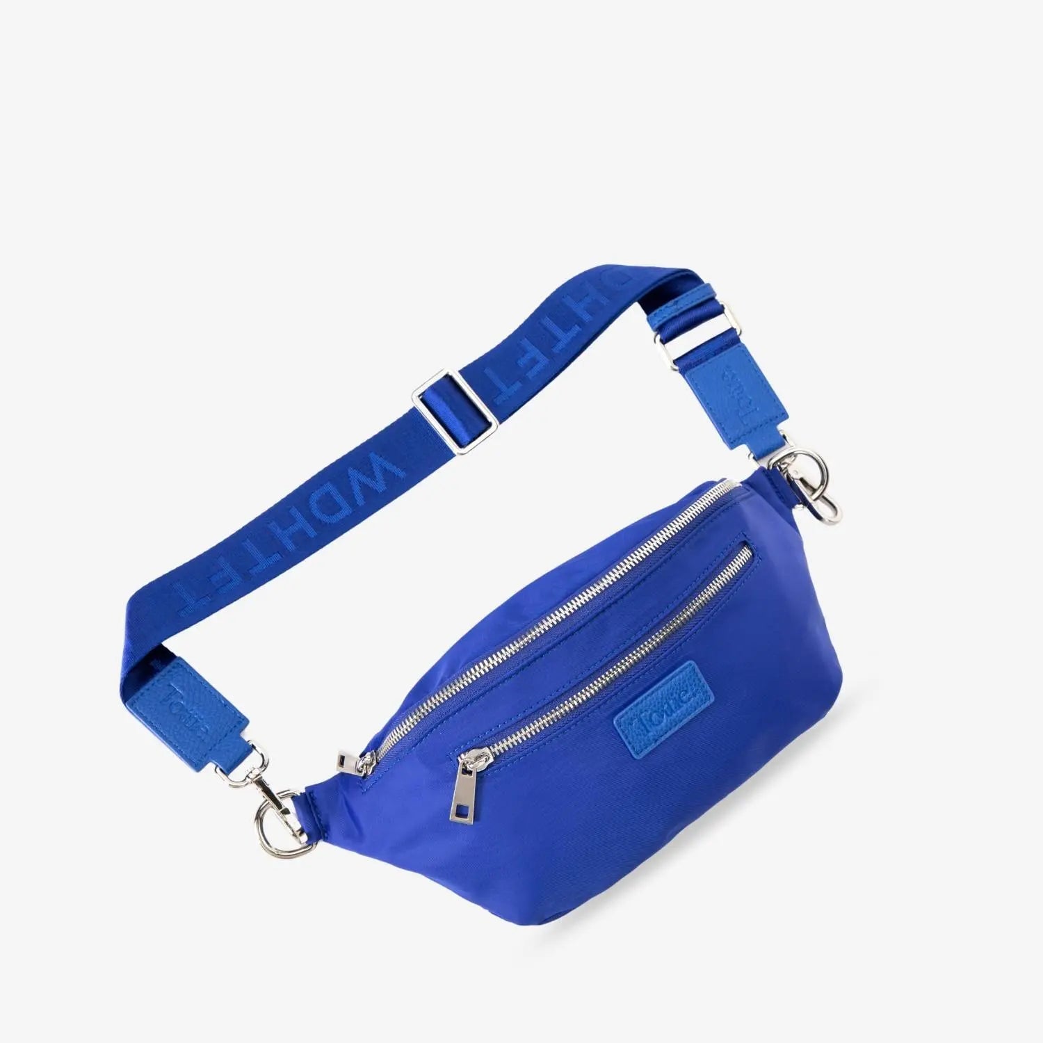 Front view of royal blue nylon bum bag featuring WDHTFT strap embossing and Tottie logo on front panel, in white background.