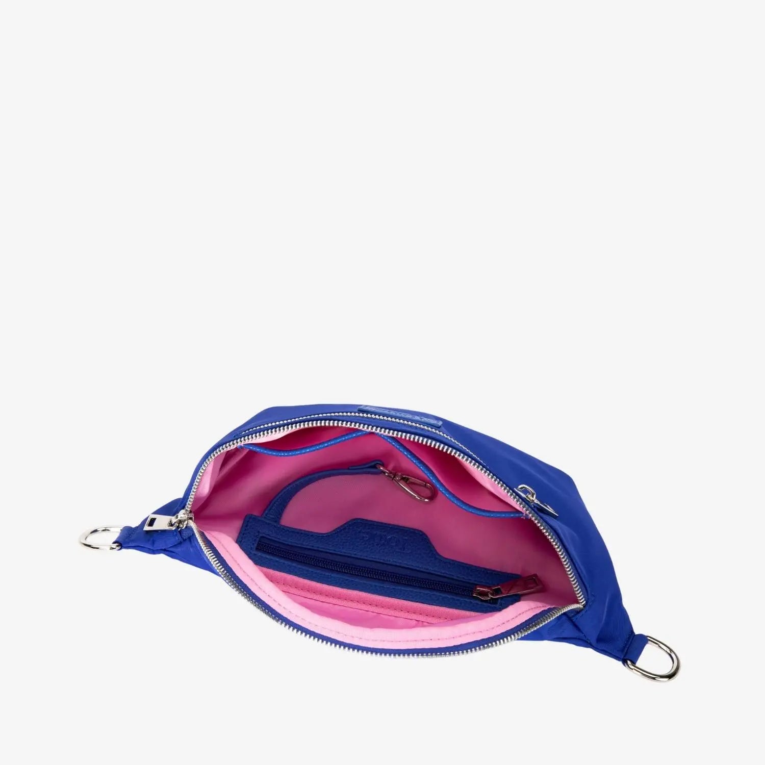 Top view of open royal blue nylon bum bag with Tottie logo embossed inside