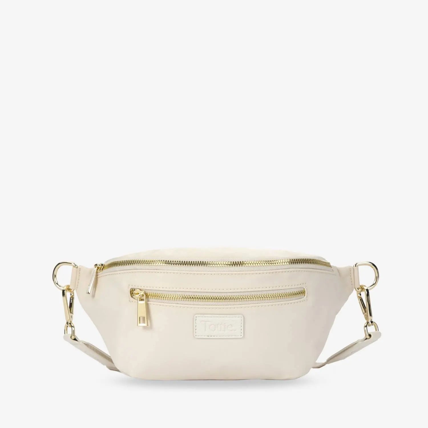 Cream-coloured nylon bum bag front view featuring WDHTFT embossed strap and Tottie logo on white backdrop.