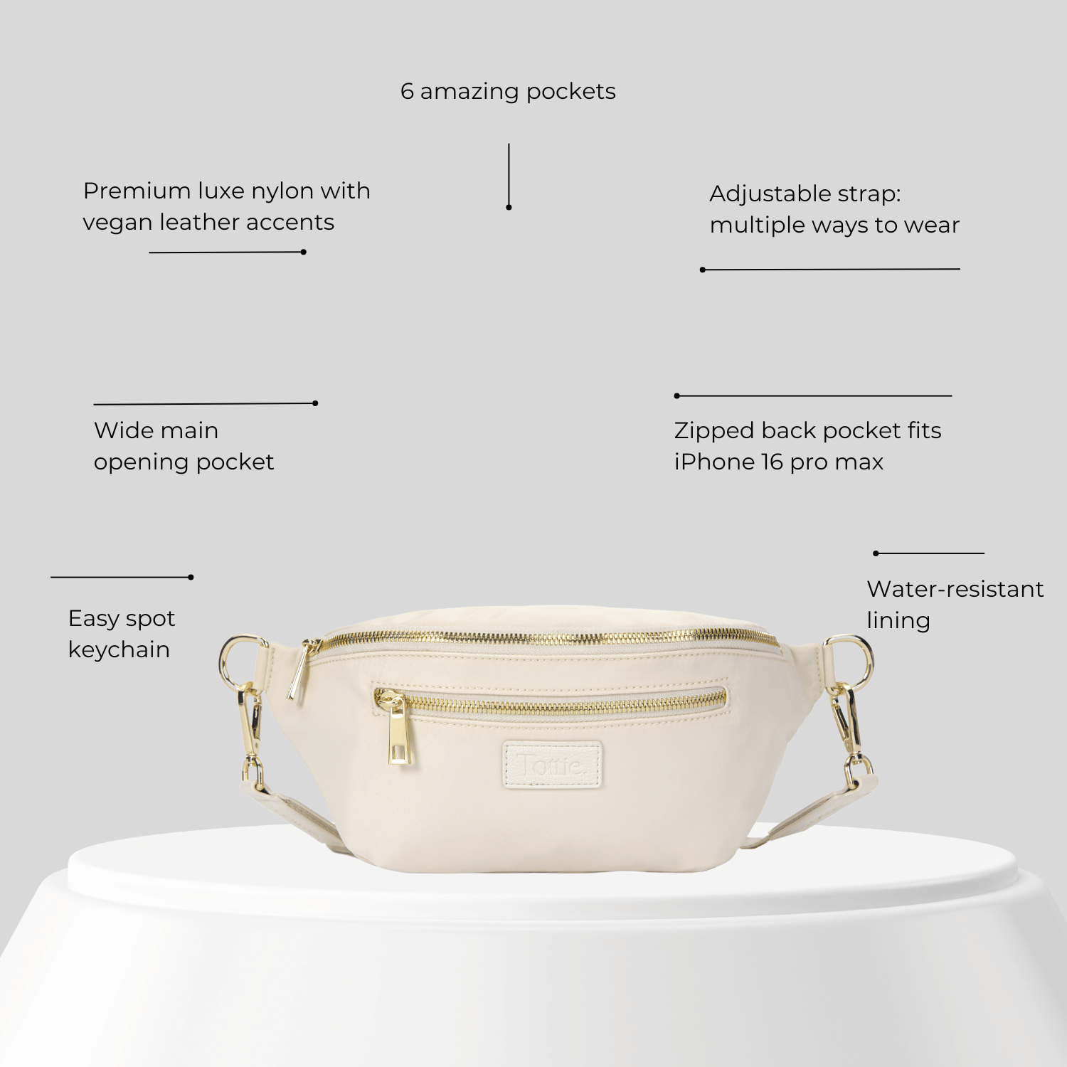 Beige bum bag with features listed on a gray background