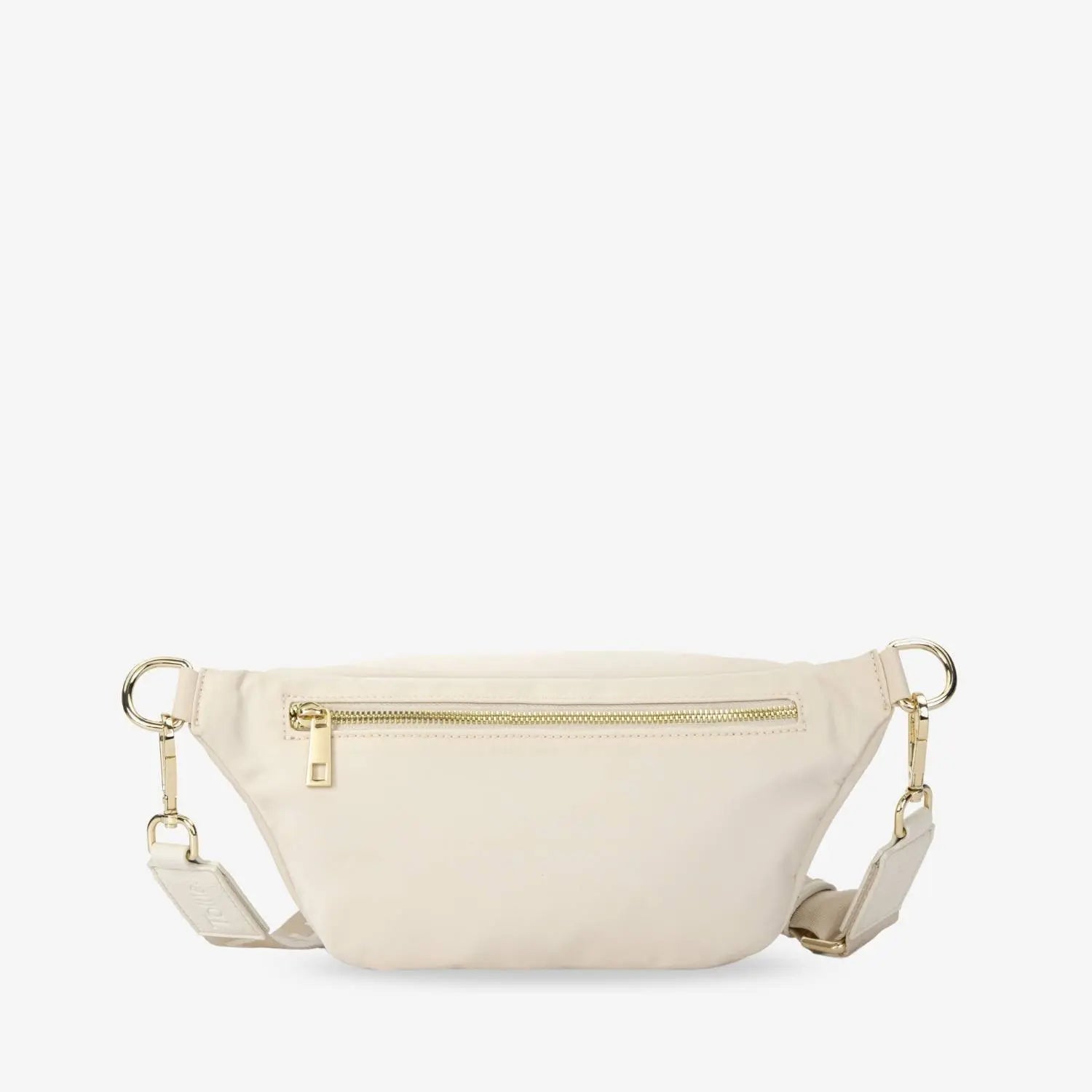 Cream nylon bum bag shown from the back featuring WDHTFT embossed strap against white backdrop.