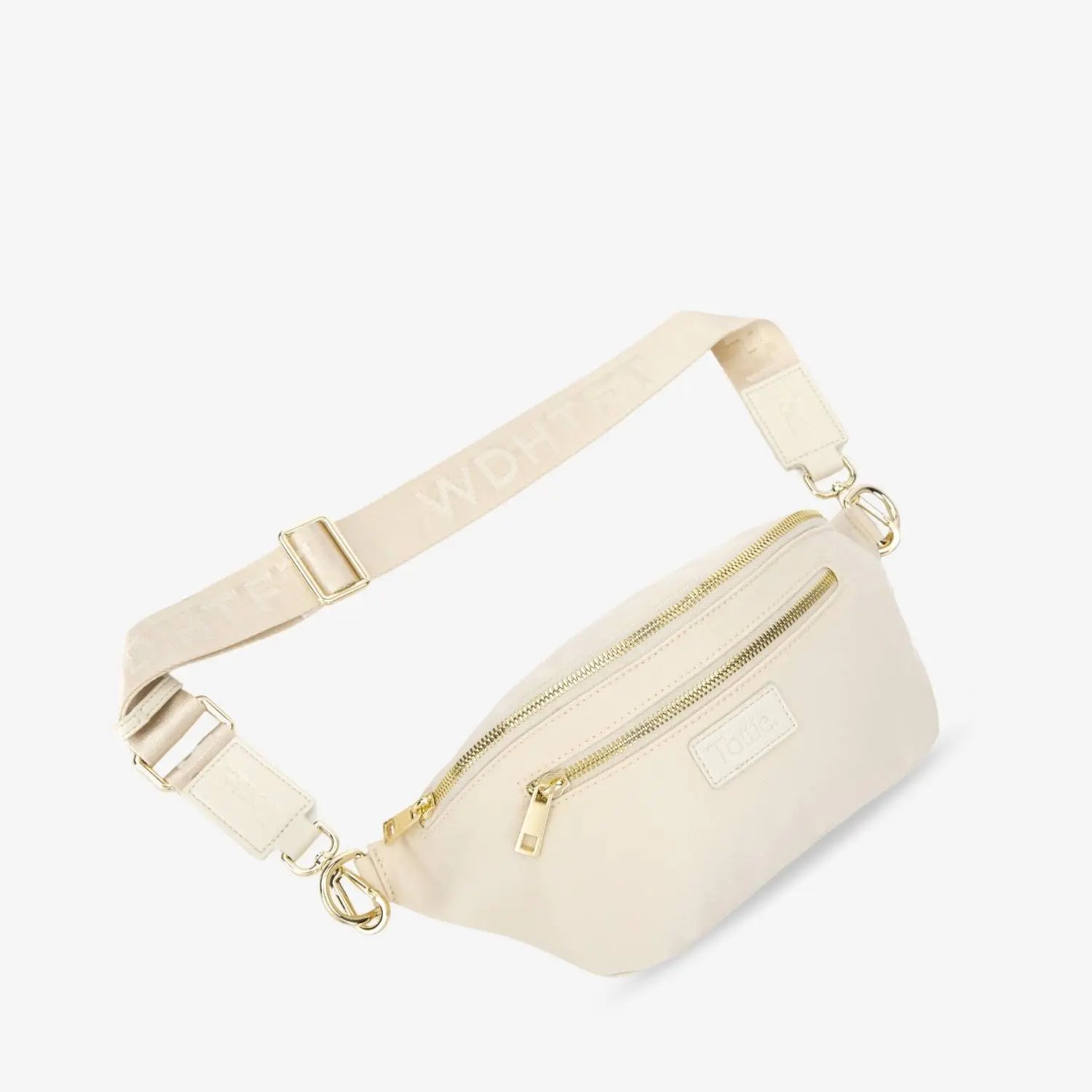 Cream nylon bum bag with WDHTFT embossed on strap and Tottie logo embossed on front, on white background.