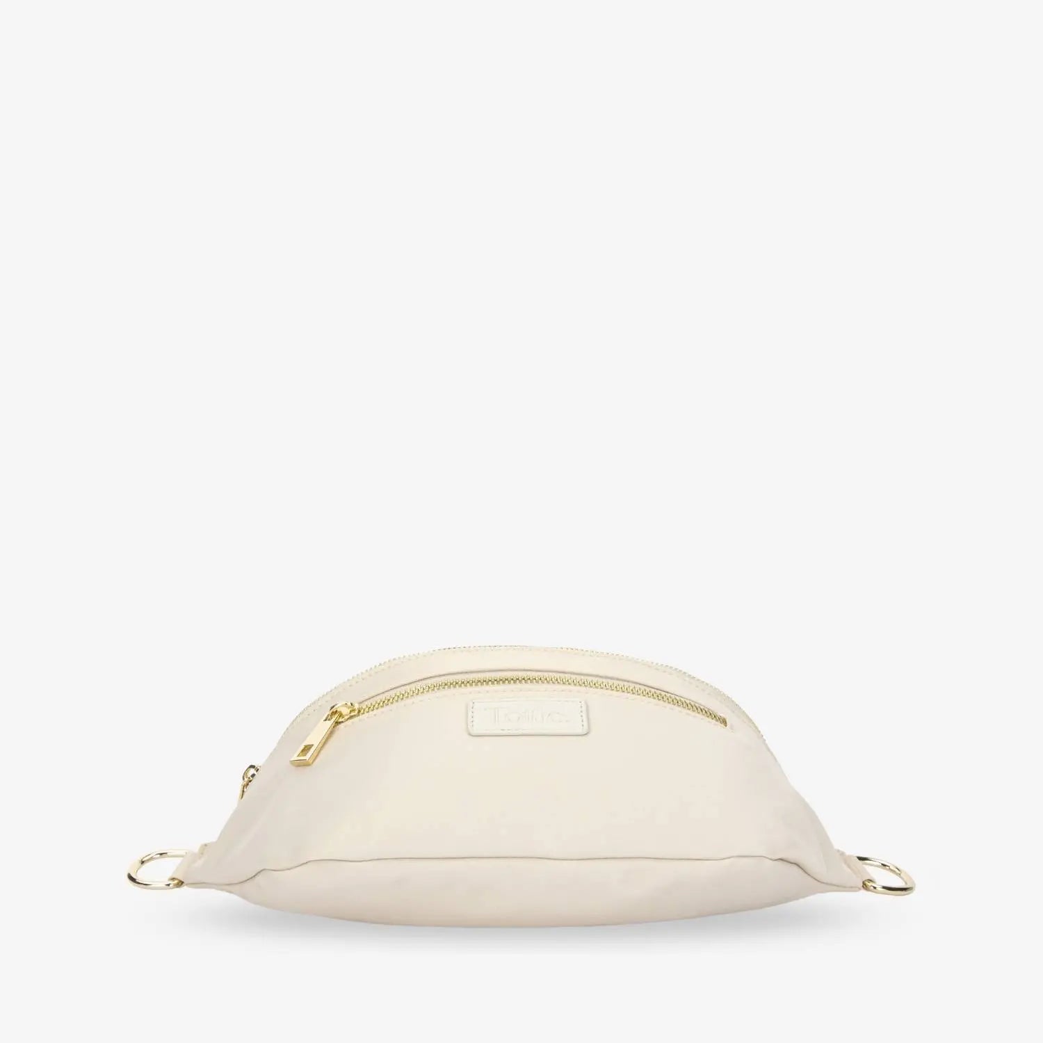 Flat lay of cream nylon bum bag on plain white background highlighting texture and shape