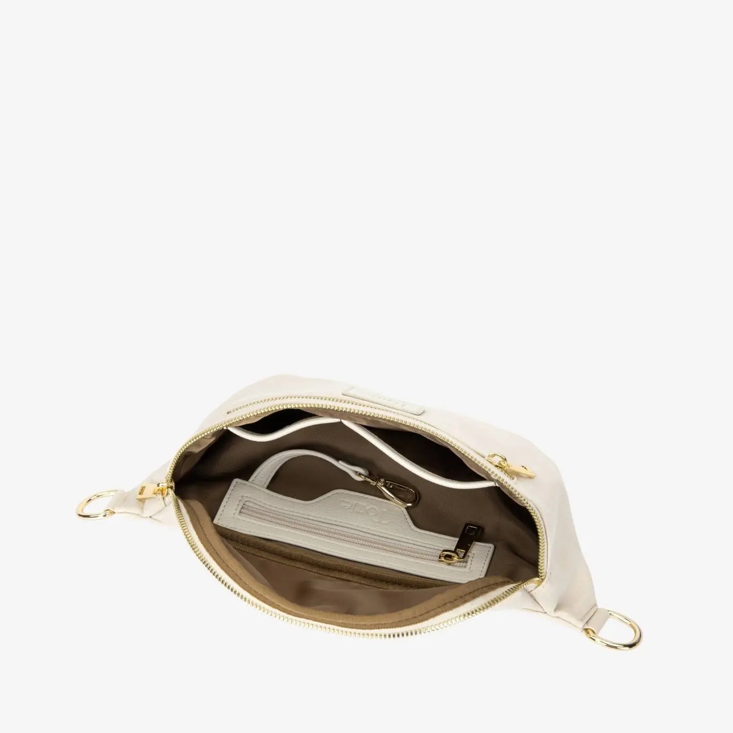 Open cream nylon bum bag shown from top view featuring WDHTFT embossed strap and Tottie logo embossed inside against white backdrop