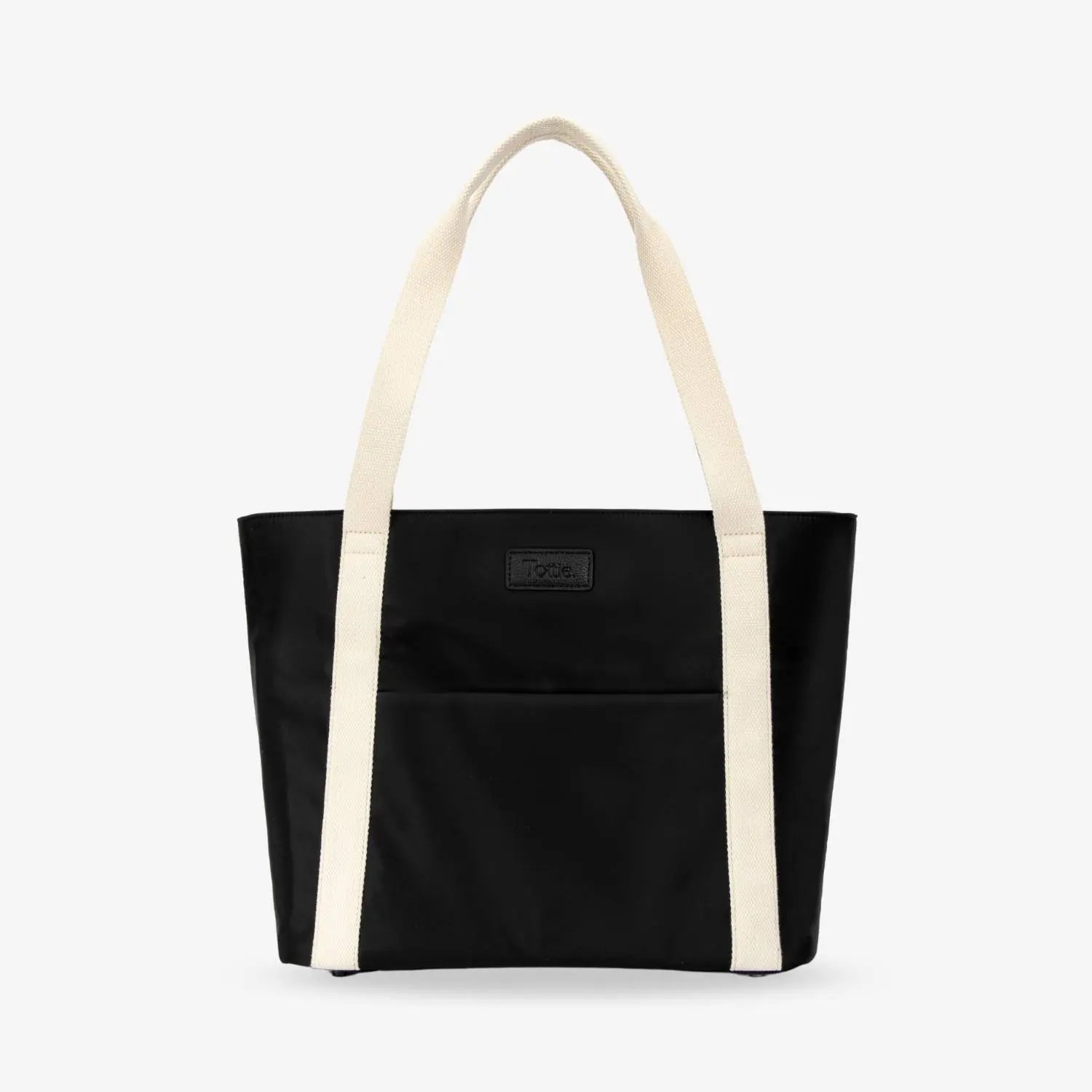 Black nylon tote bag with cream handles featuring embossed Tottie logo on front, shown on white backdrop.