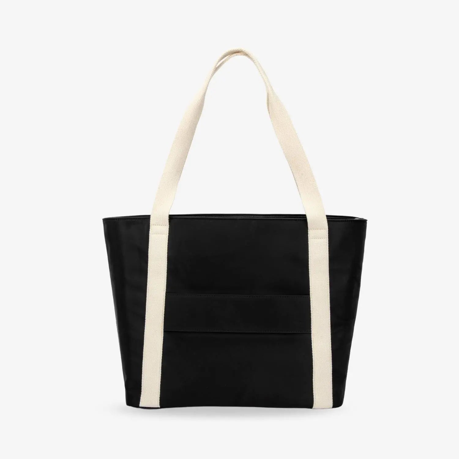 Straight-on front view of black nylon tote bag featuring cream strap, photographed on white background